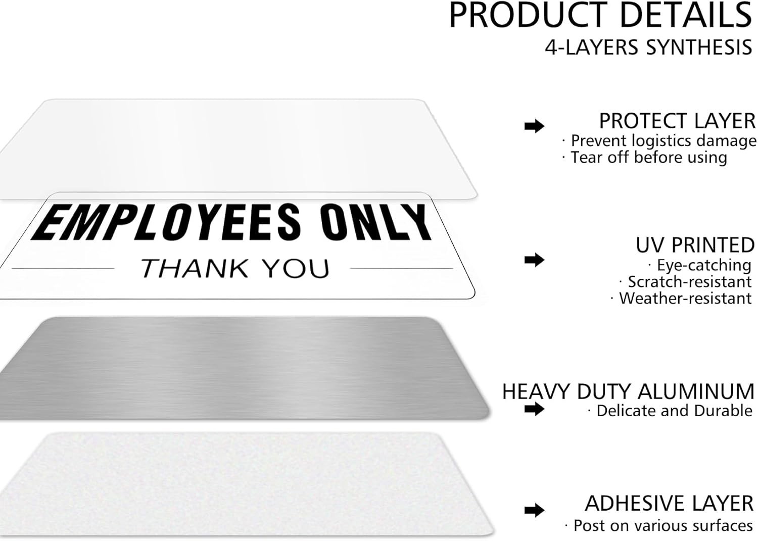 Employees Only 9×3 Inch Aluminum Silver Sign Self-Adhesive Metal Signs – 4pcs