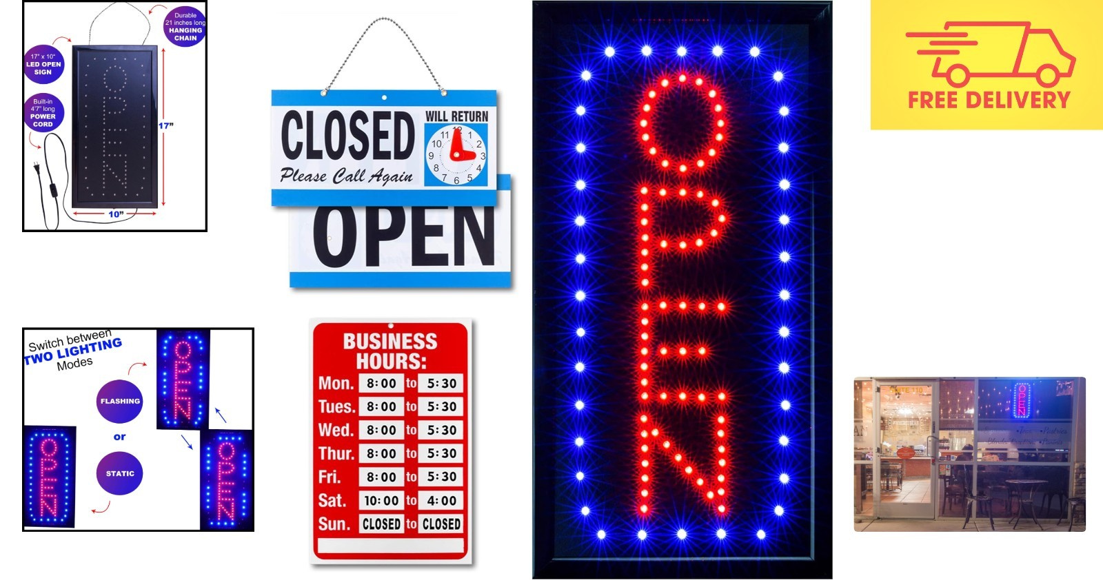 Modern Vertical Neon Open Sign with Business Hours & Closed Signs – 17×10