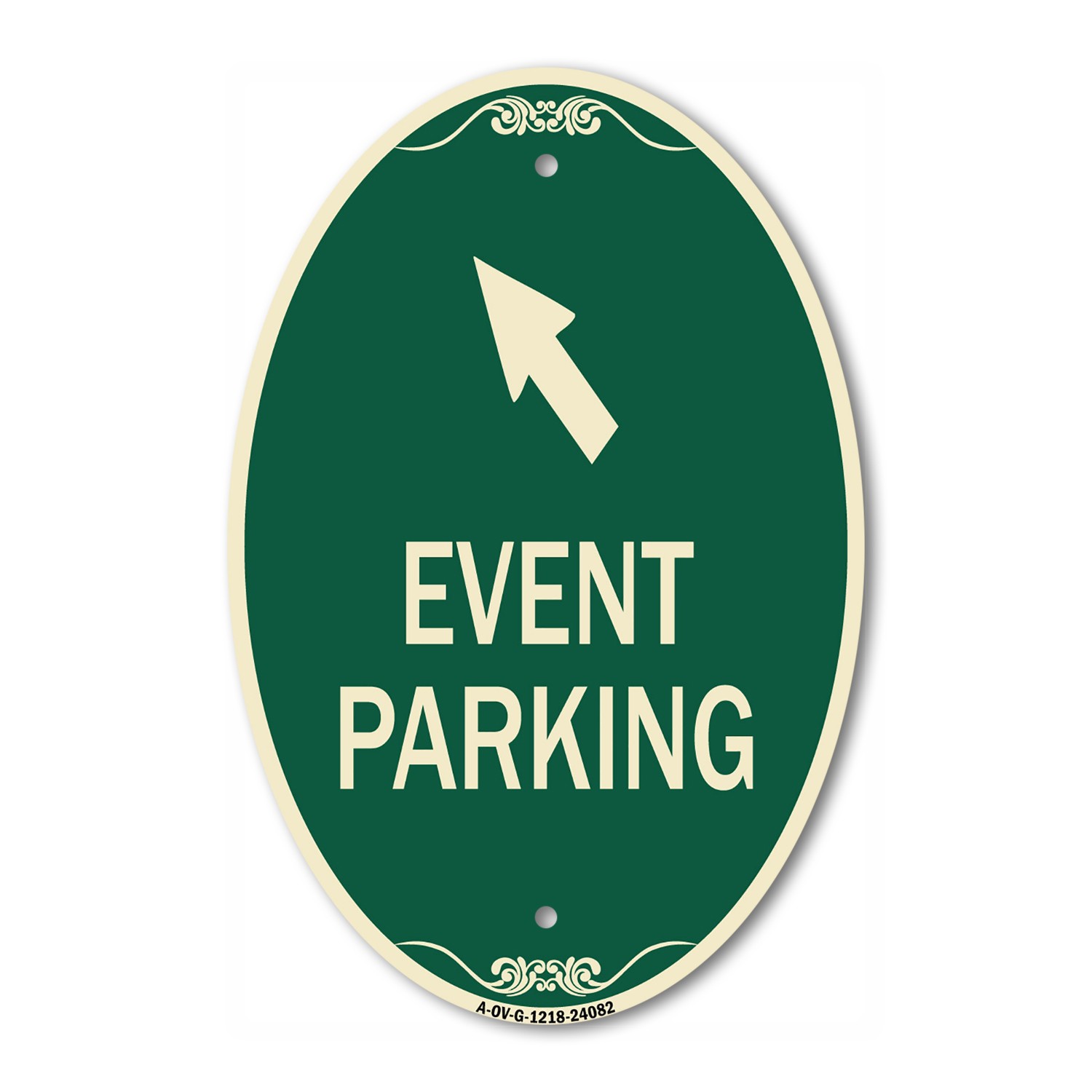 Event Parking (Up Left Arrow Symbol) 12&Prime; x 18&Prime; Green & Tan Aluminum Oval Sign