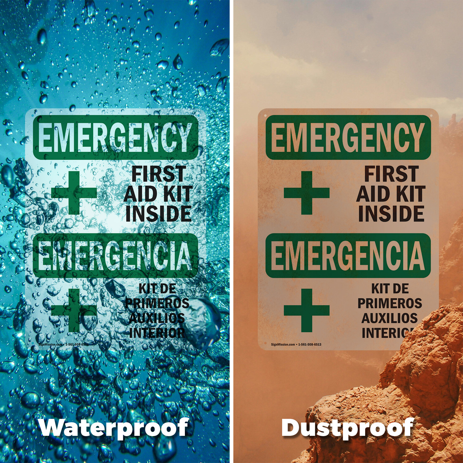 (2 Pack) First Aid Kit Inside Bilingual OSHA Emergency Sign Decal Metal Plastic