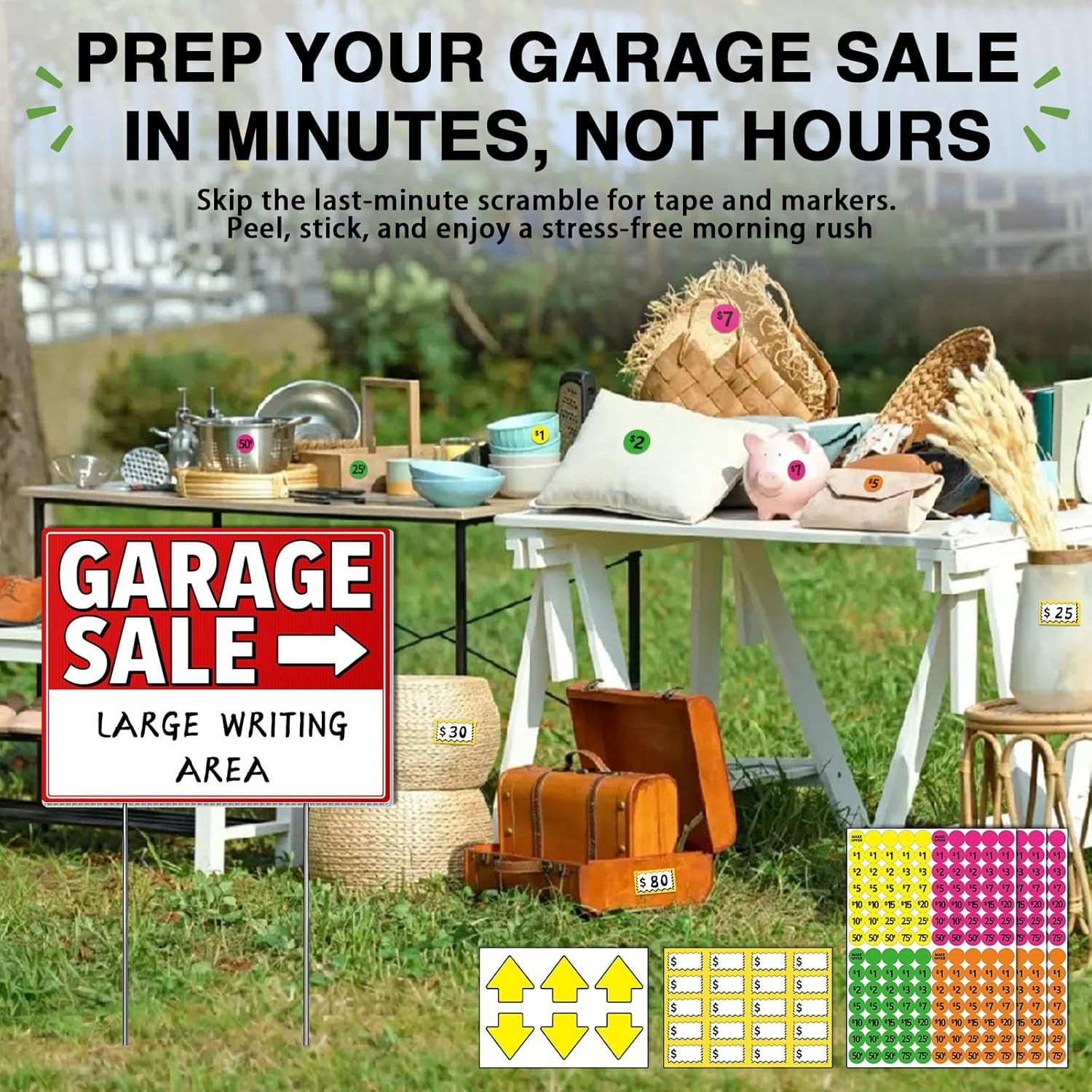 Garage Sale Signs with Stakes (3 Pack Kit) – Double Sided Yard Sale Signs with H