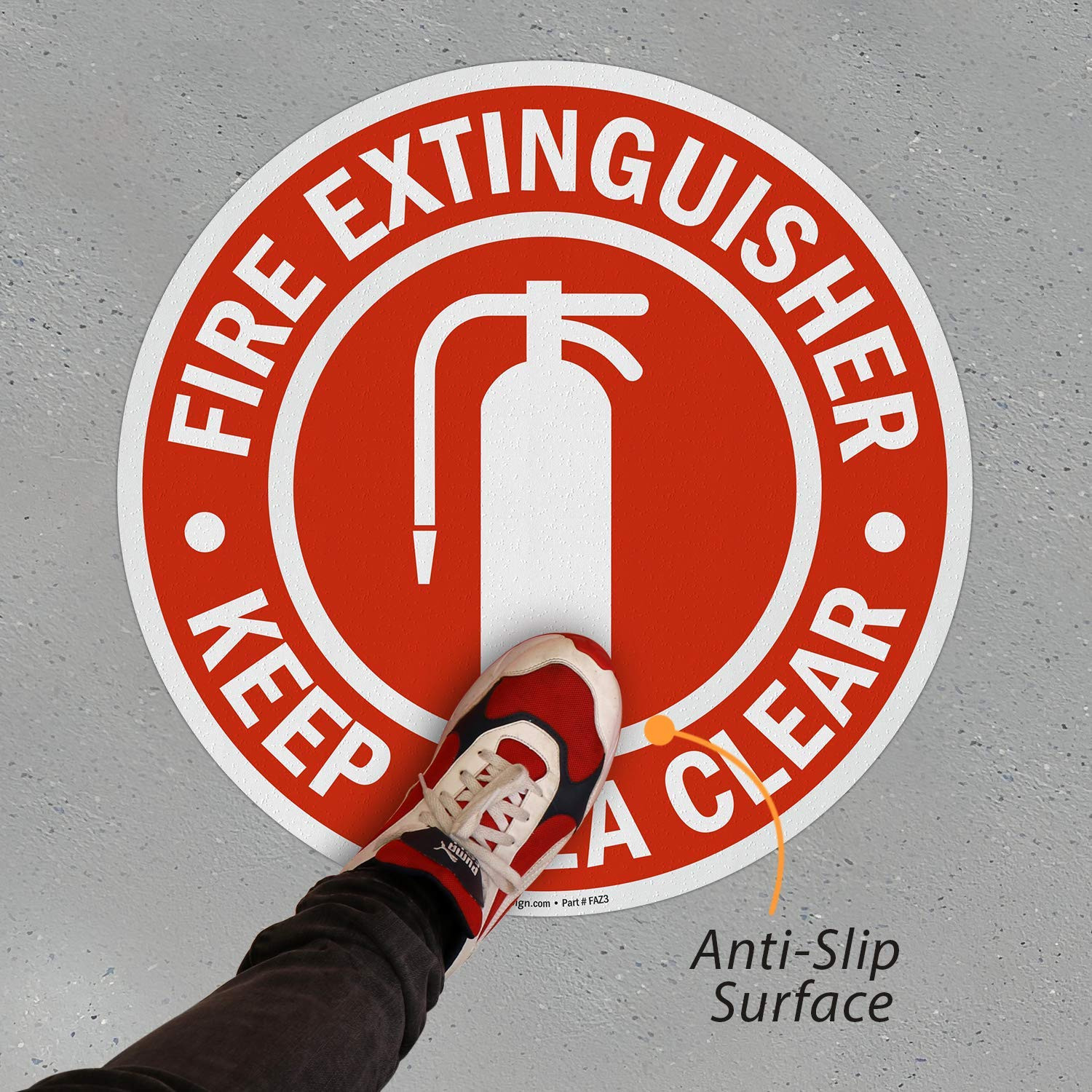 “Fire Extinguisher – Keep Area Clear” anti Slip Adhesive Floor Sign | 24&Prime; X 24&Prime;