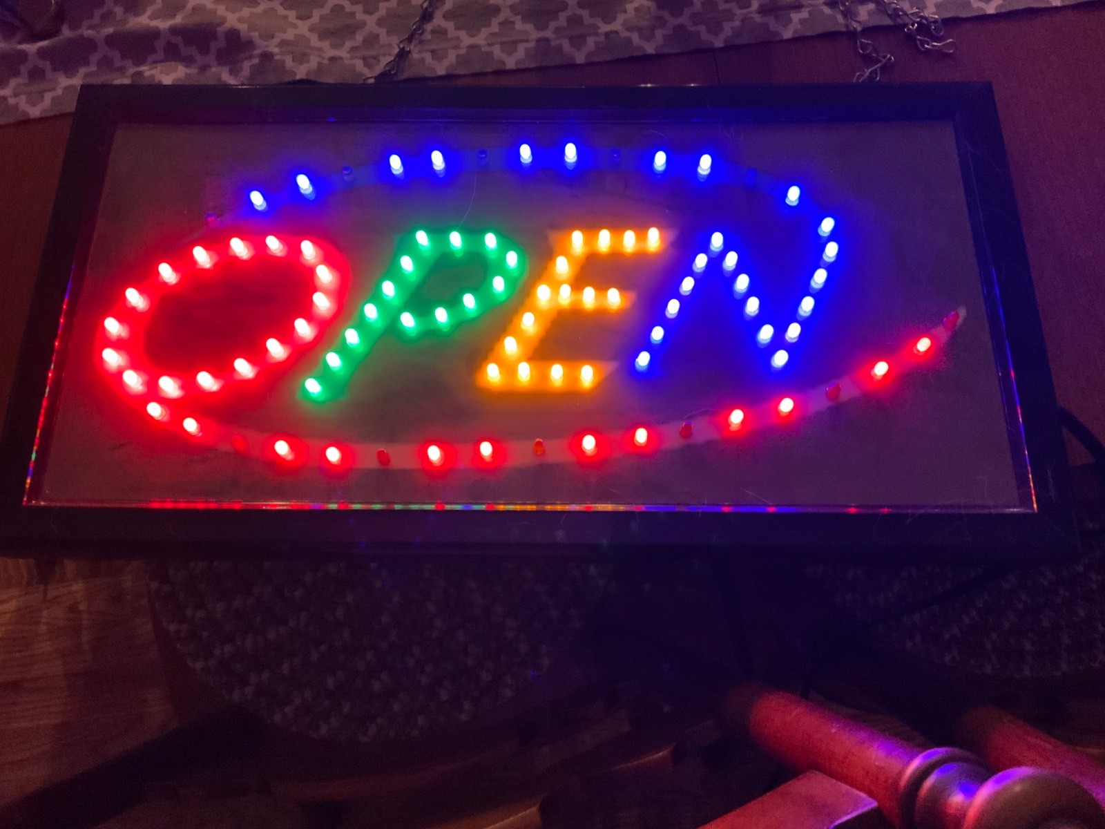 Multi colored rotating lights open sign for business-video included in listing
