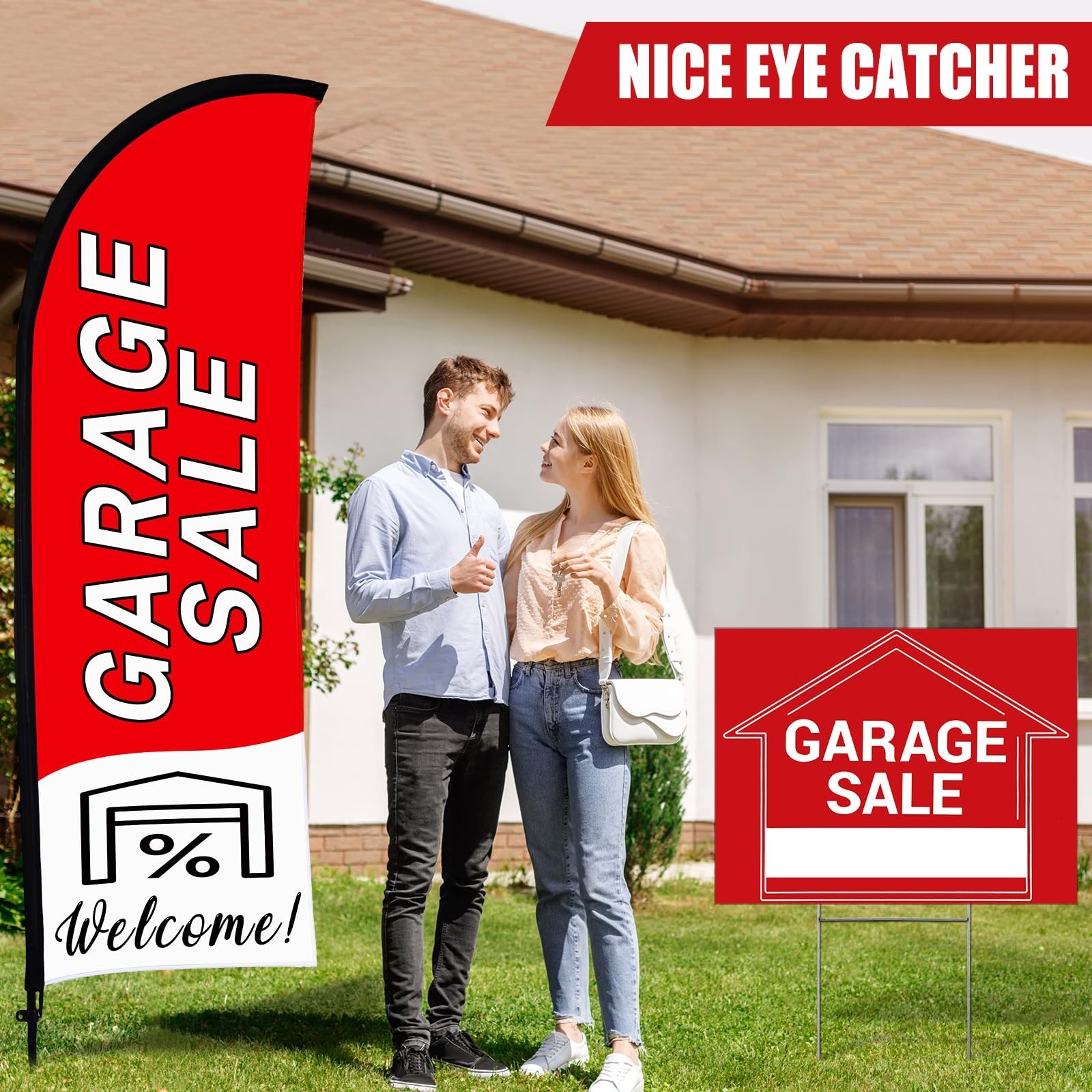 Garage Sale Signs Set with Flag & Poles, 3 Double-Sided Directional Arrows, 150