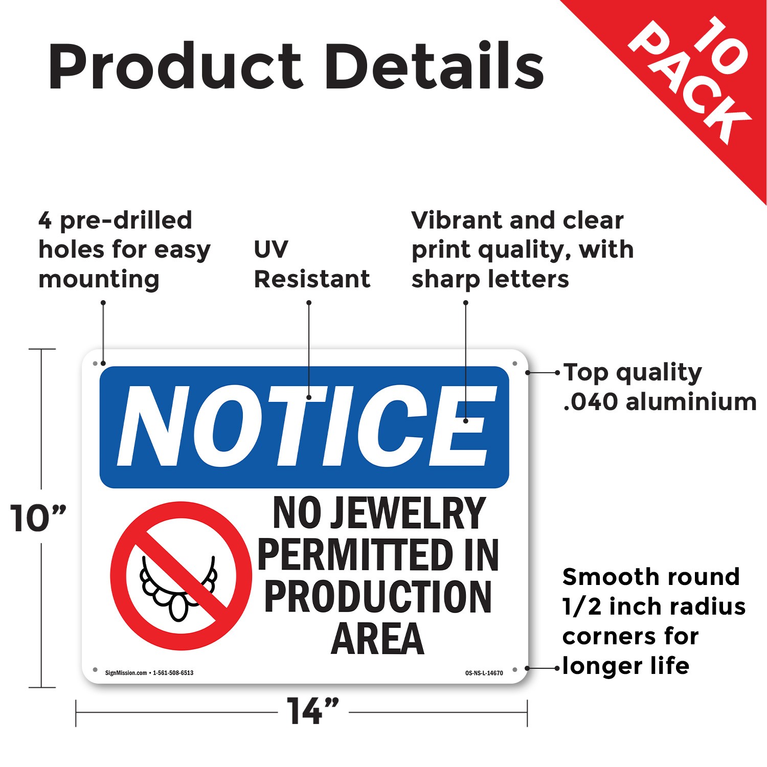 No Jewelry Permitted In Production OSHA Notice Sign Metal, Decal – 5 or 10 Pack