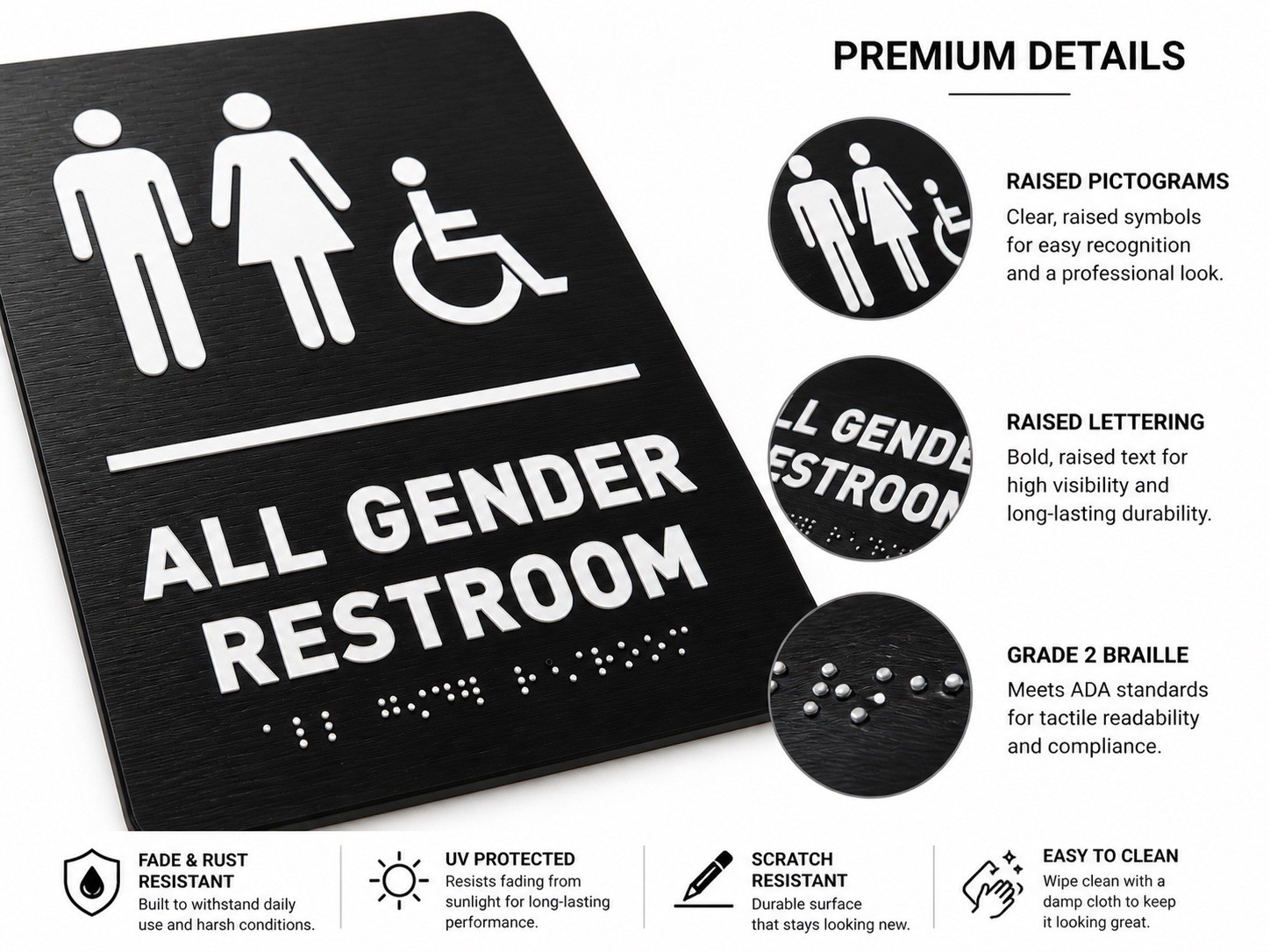 All Gender Restroom ADA Sign w/ Braille Brushed Aluminum 6×9 Black Peel & Stick
