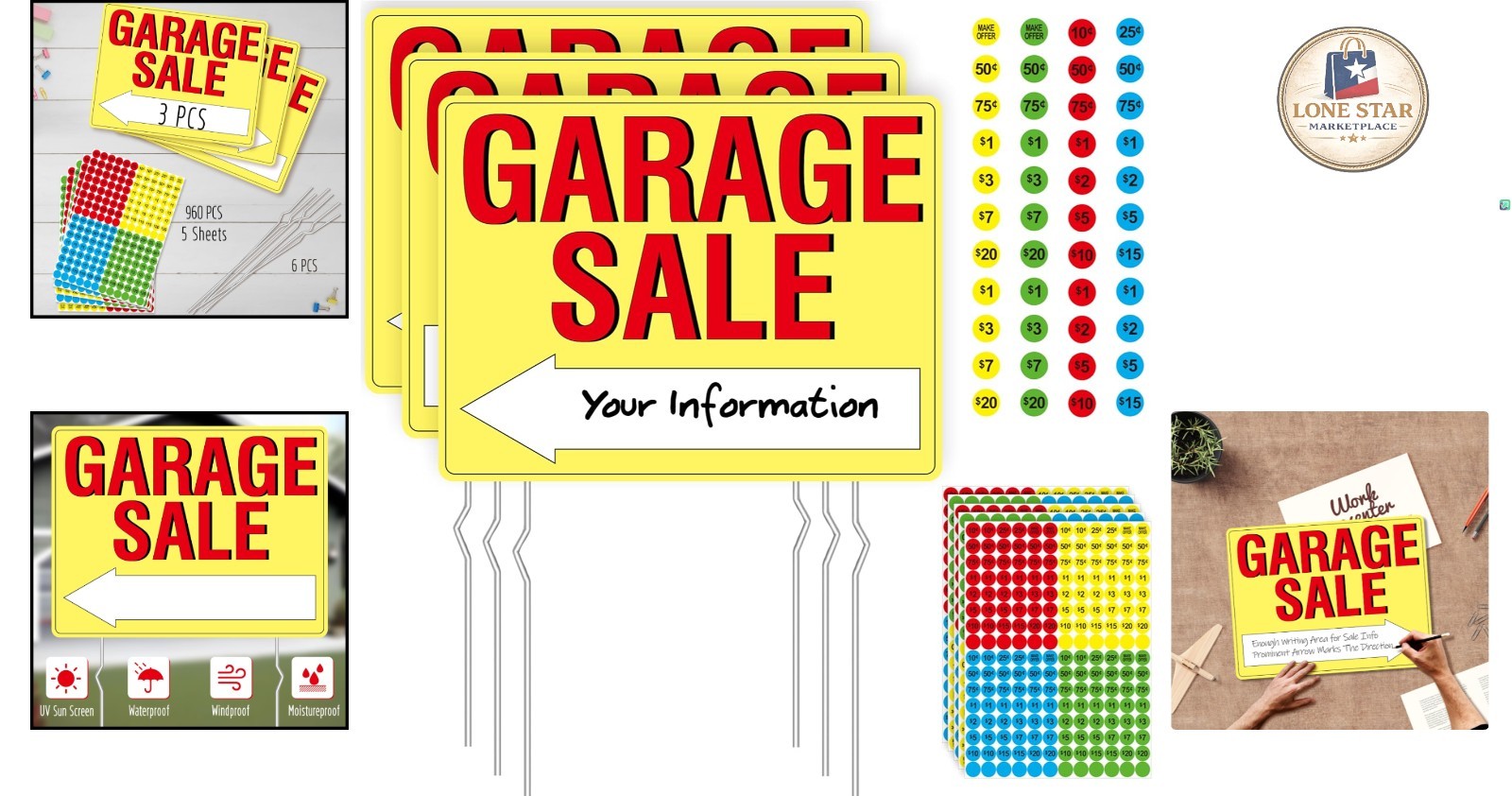 Value Pack: 3 Double-Sided Outdoor Garage Sale Signs with Metal Stakes & Labels