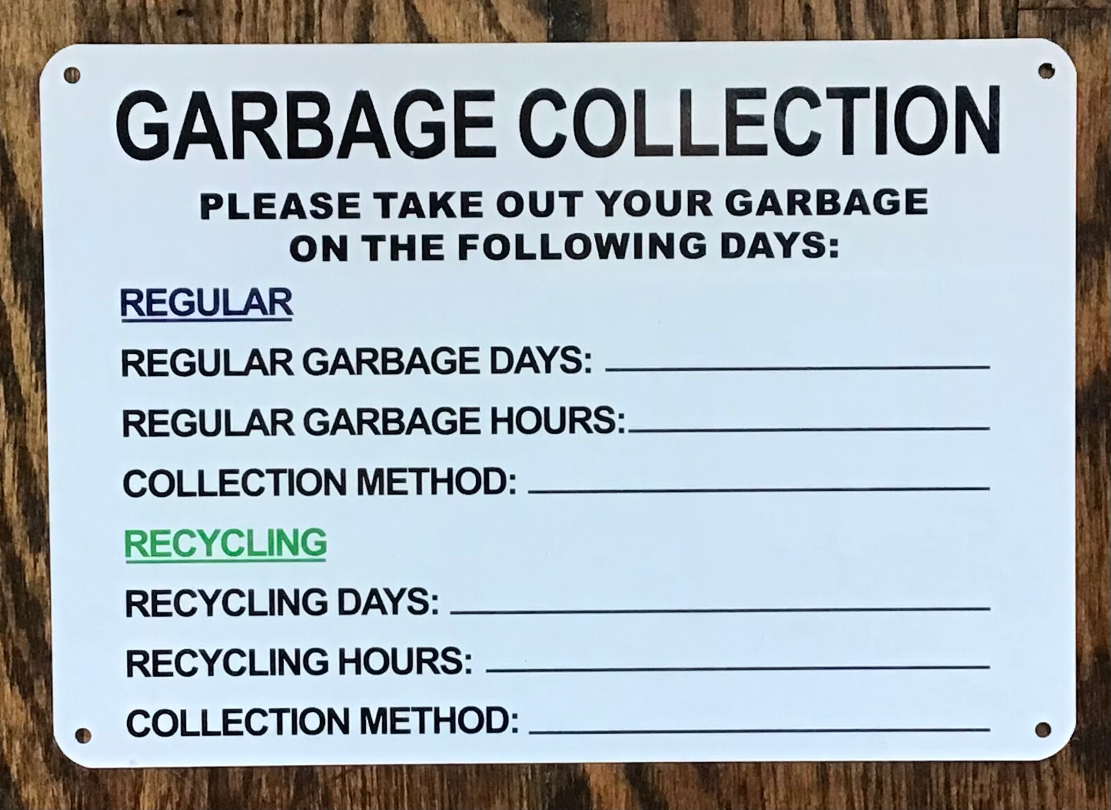 GARBAGE COLLECTION SIGN HPD NYC REQUIRED SIGN (7X10 WHITE BACKGROUND,ALUMINUM)