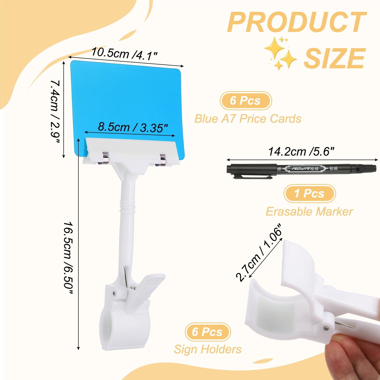 6 Pcs Sign Holders with Blue A7 Plastic Cards & Erasable Marker, White