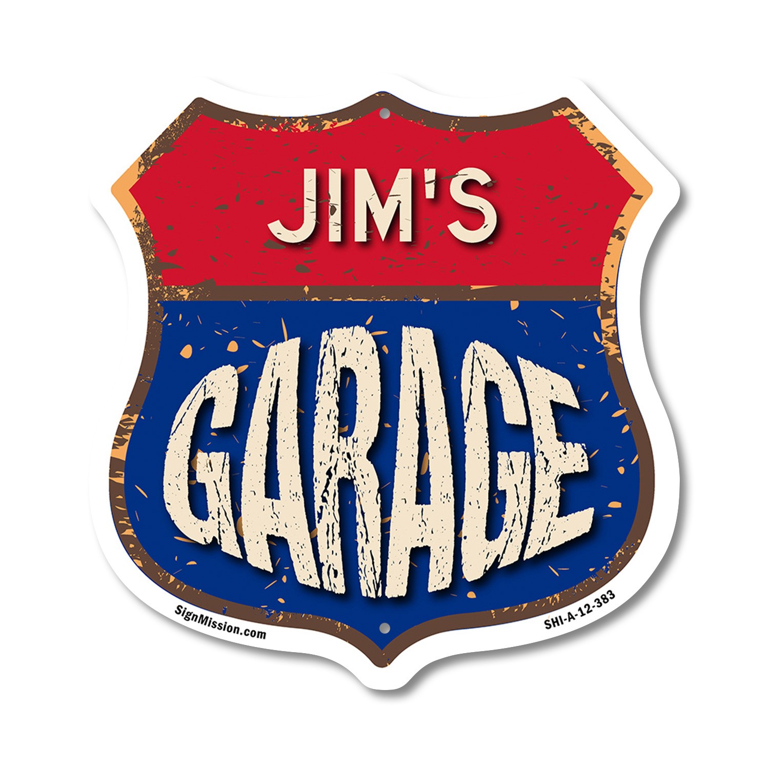 Jim&rsquo;s Garage Shield Shaped Sign Weather Resistant Crafted in the USA