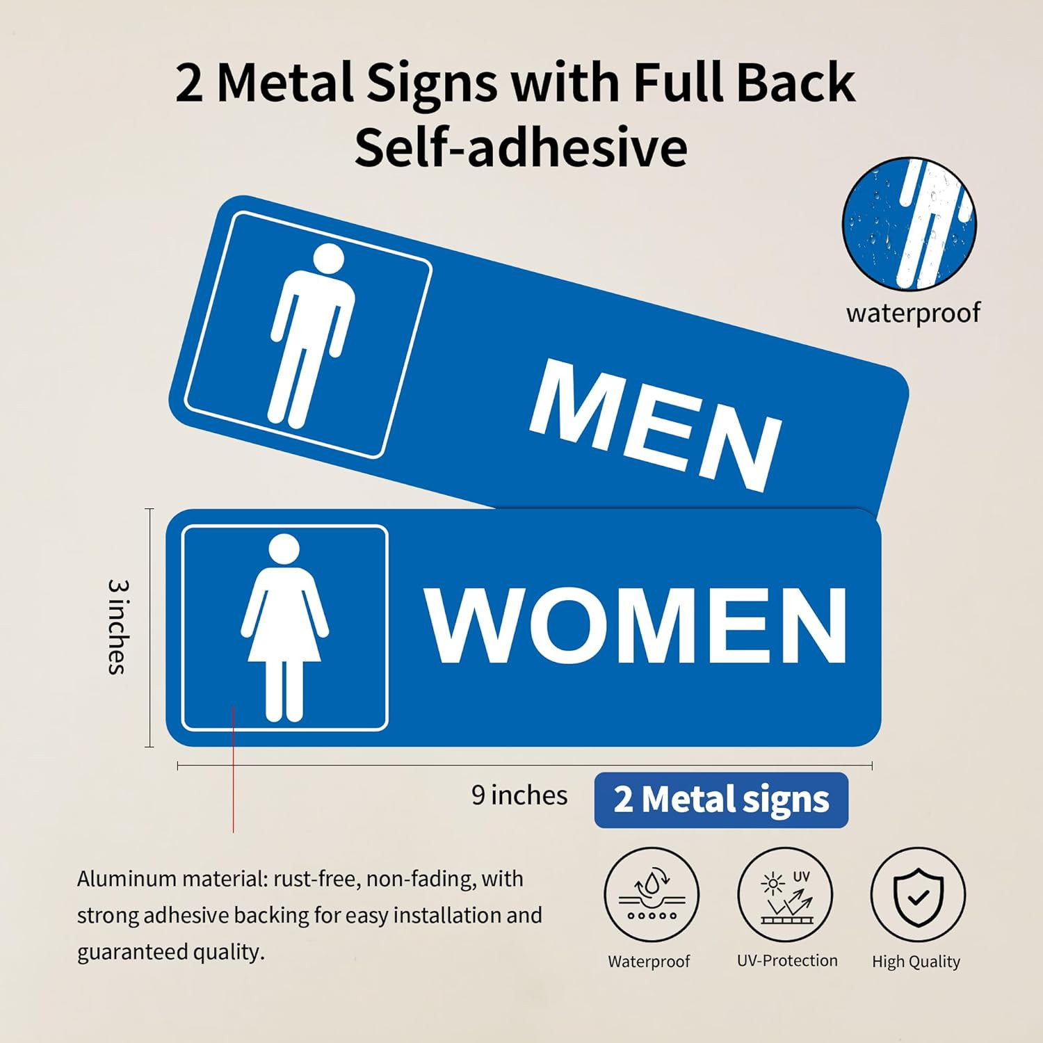 Restroom Sign – (2 Pack ) Metal Restroom Signs for Business with Strong Self-Adh