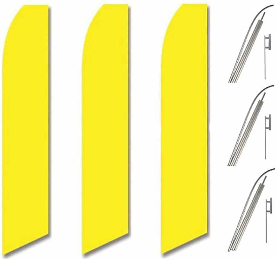Three (3) Pack Swooper Flags & Pole Kits Bright Lemon Yellow Solid Plain Color