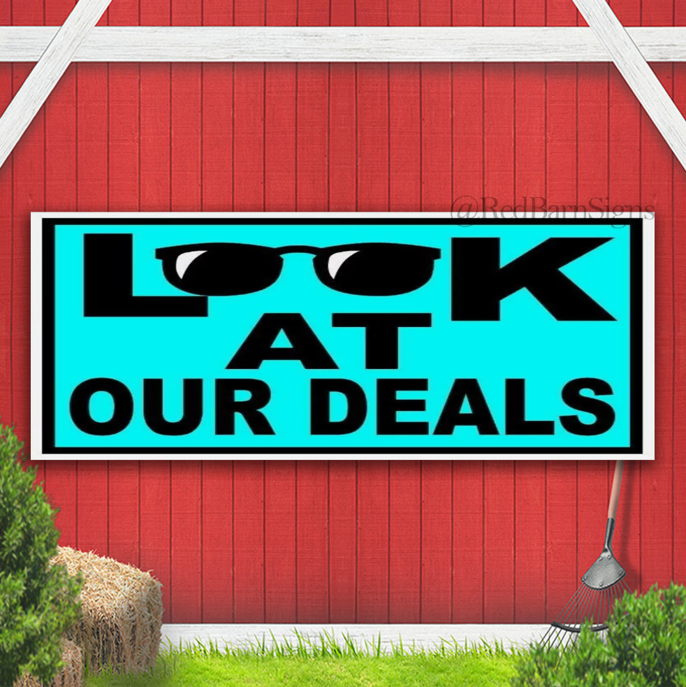 LOOK AT OUR DEALS BLUE BLACK Banner Sign with grommets