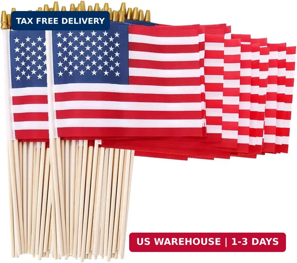 100 Pack 5×8 Inch Small American Flags on Stick,Mini/US Handheld Stick Flags wit