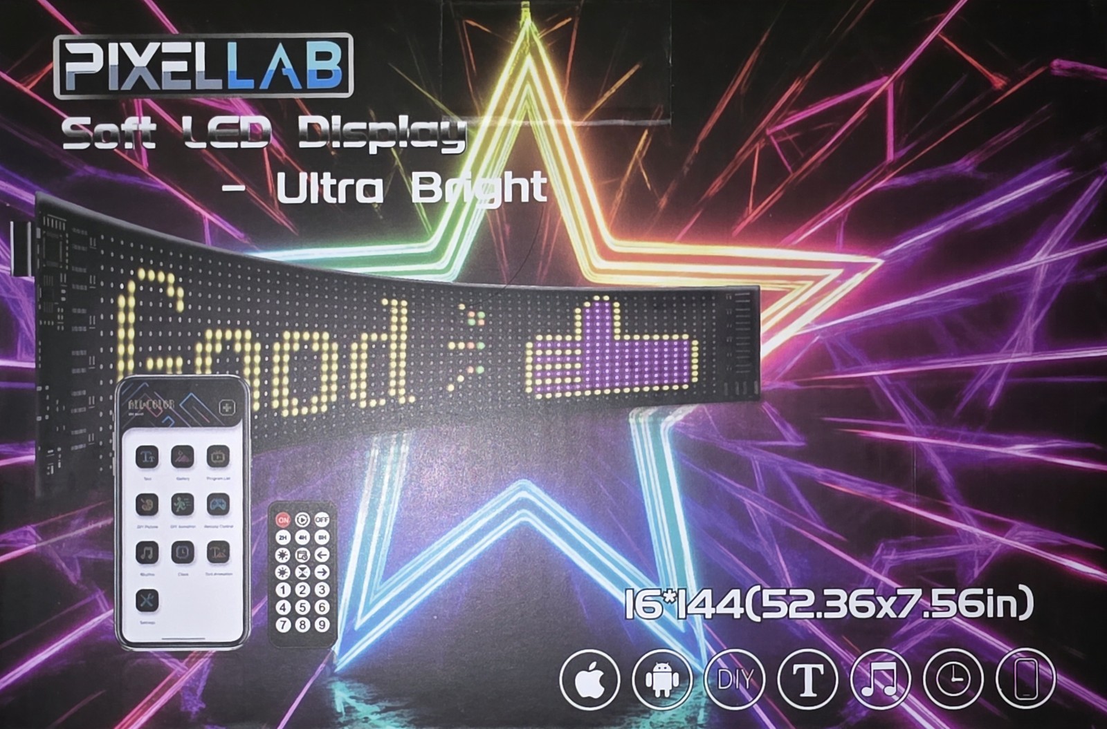 RGB LED Display Sign Soft Screen Foldable BT Remote APP 52.36in W X 7.56in H