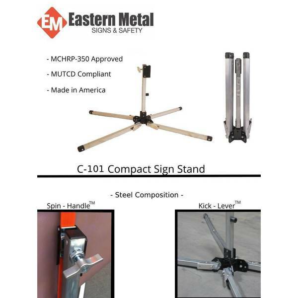 Galvanized Compact Steel Roll-up Sign Stand, Short Leg, Kick-Lever Leg-Release