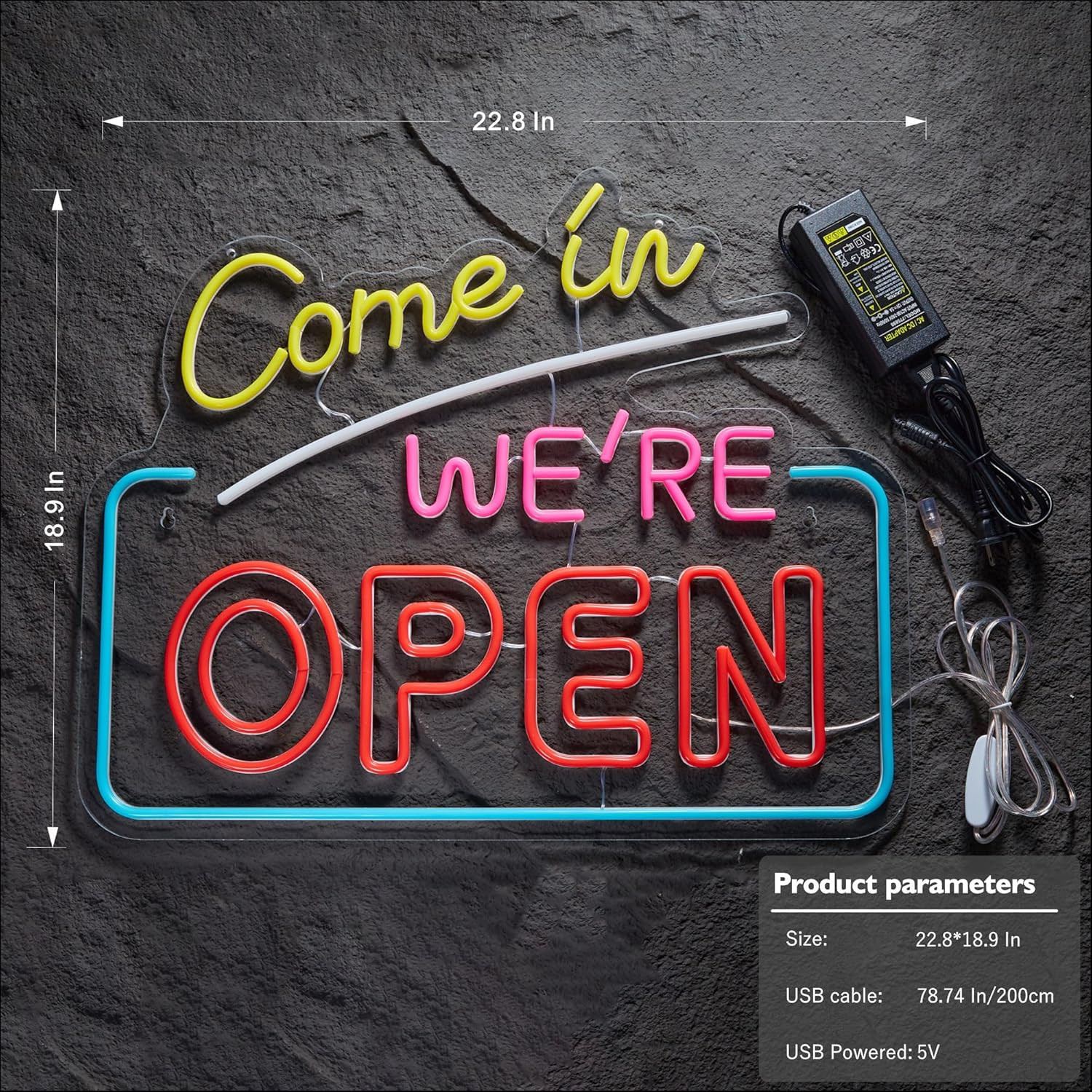 Bright Large Neon « Come In We&rsquo;re Open » Sign for Café, Shop, Bar, Restaurant