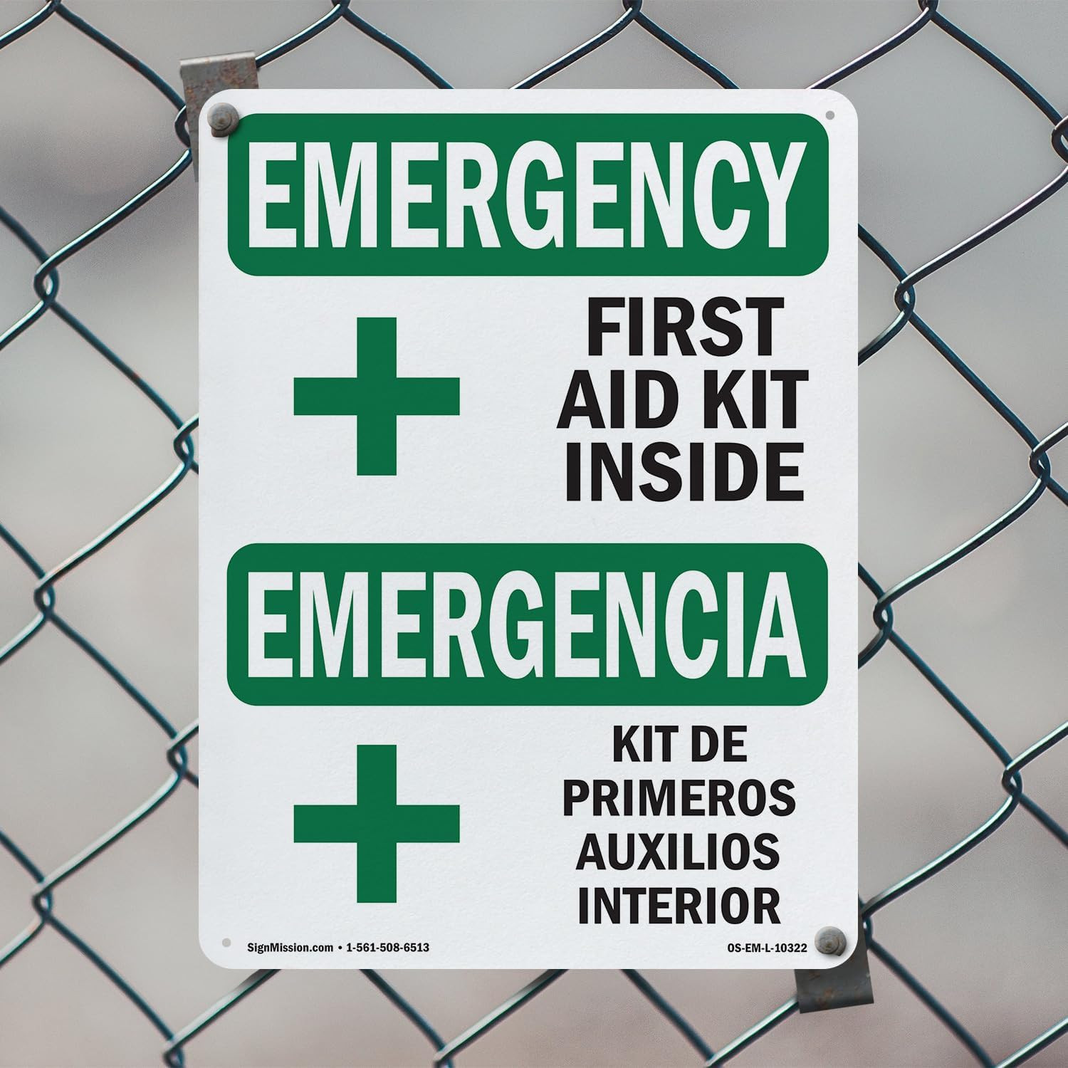 First Aid Kit inside Bilingual OSHA Emergency Rigid Plastic Sign 18 Inch X 12 In