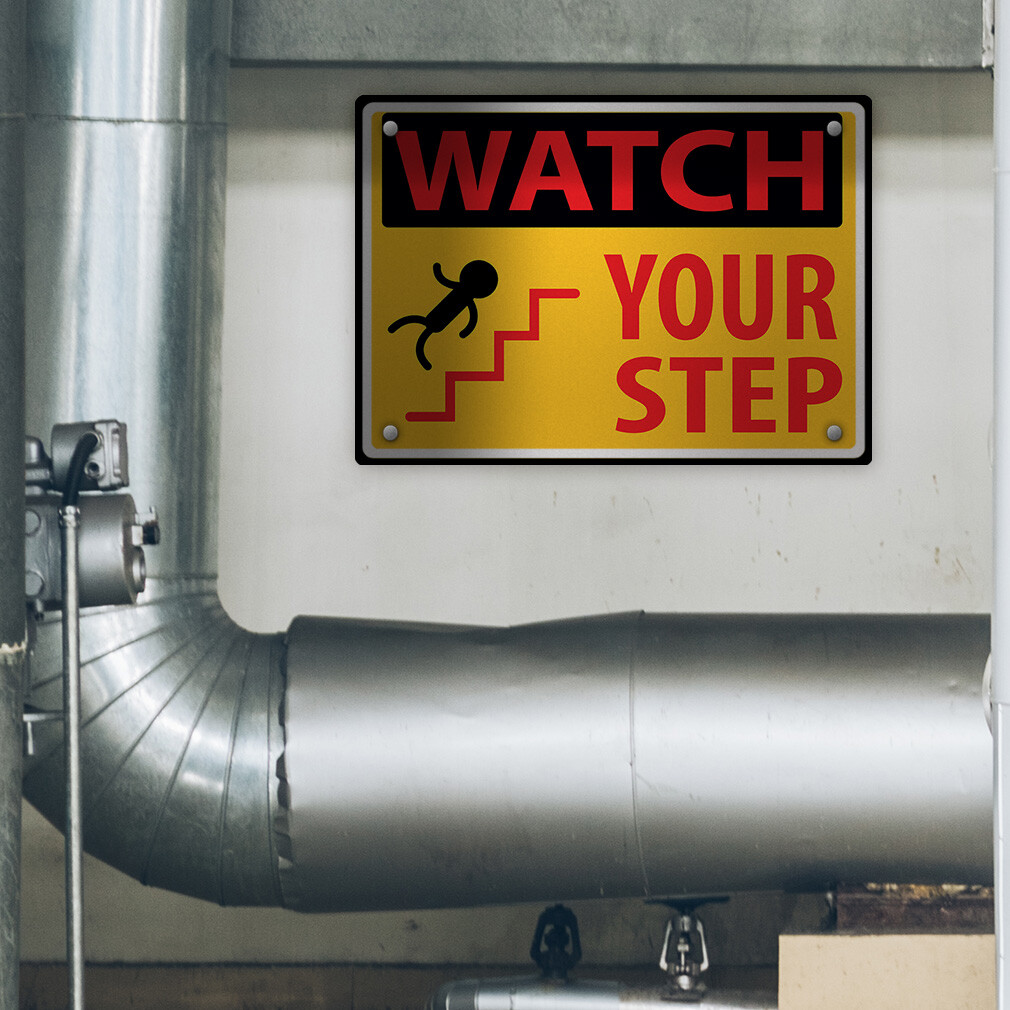 Horizontal Metal Sign Watch Your Step Yellow Weatherproof Street Signage