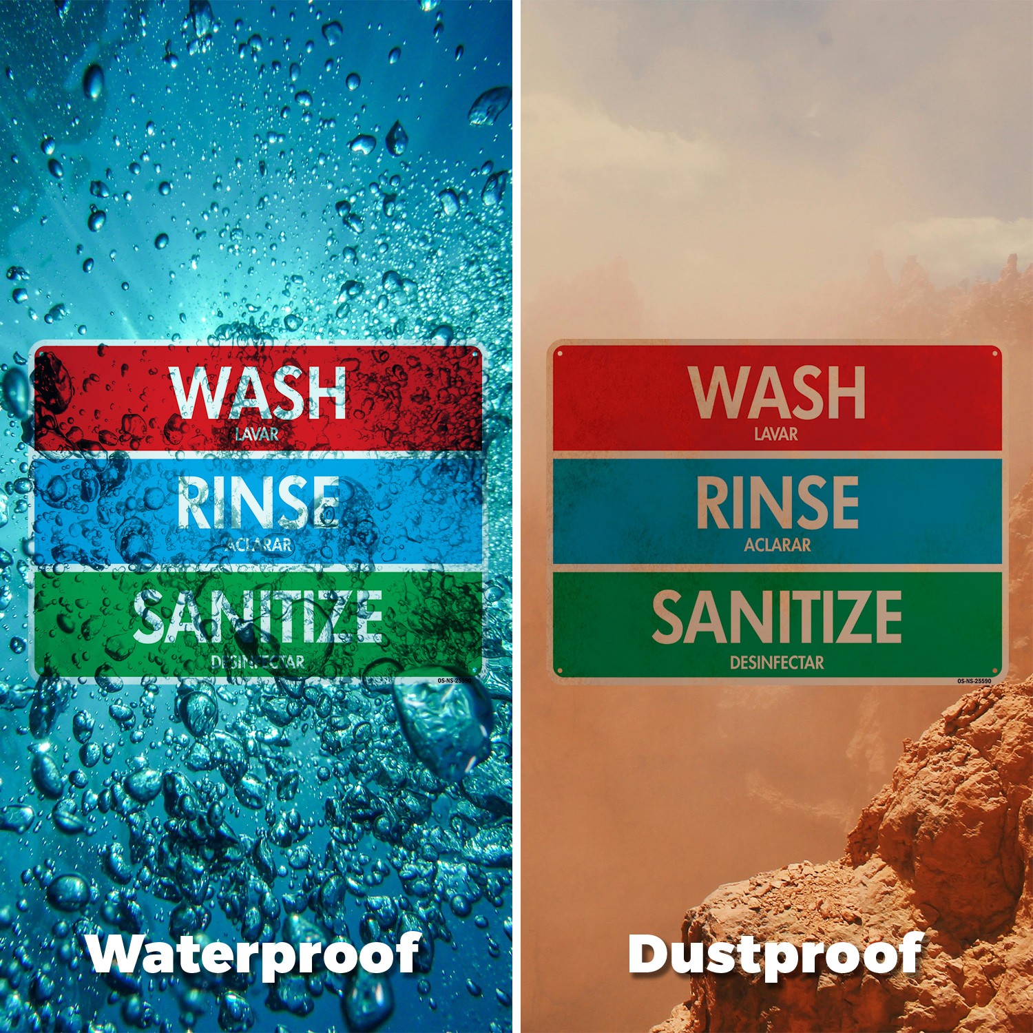 Wash Rinse Sanitizes Public Safety Sign Metal, Plastic, Or Decal – 5 or 10 Pack