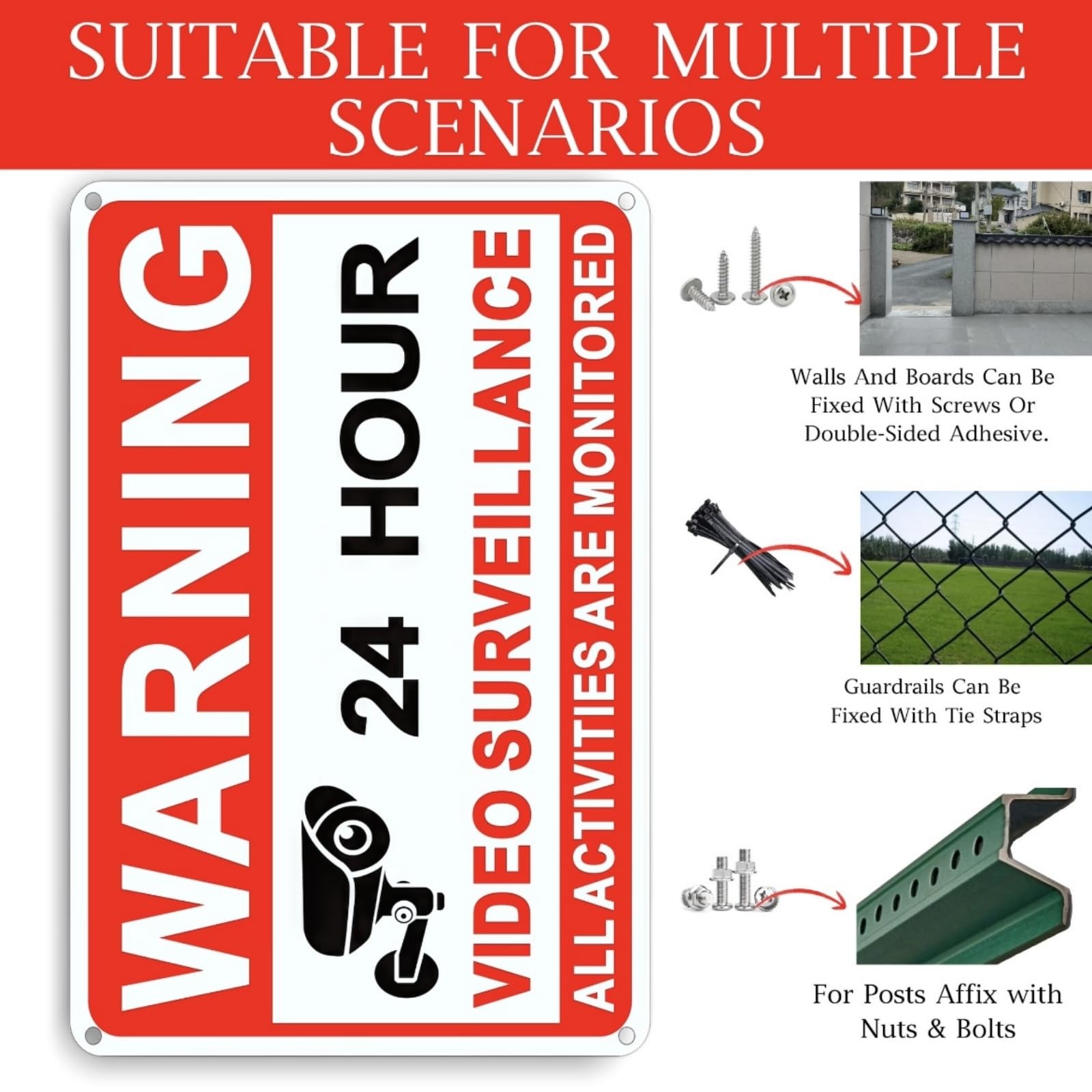 4 Pack Video Surveillance Signs, 8 x 12 Inch Aluminum Camera Signs, CCTV Securit