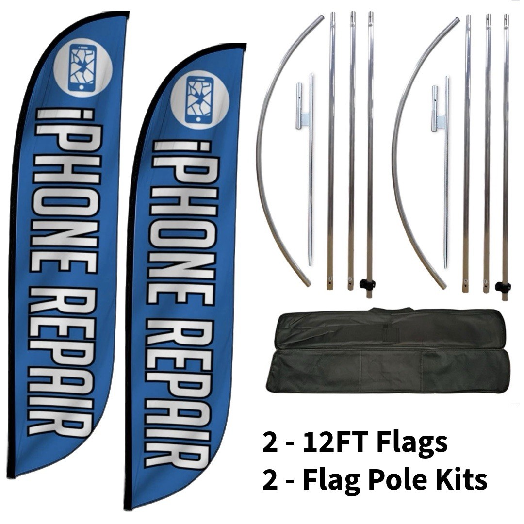 12ft Feather Flags “iPhone Repair” With 2 Flags and 2 Metal Pole Kits