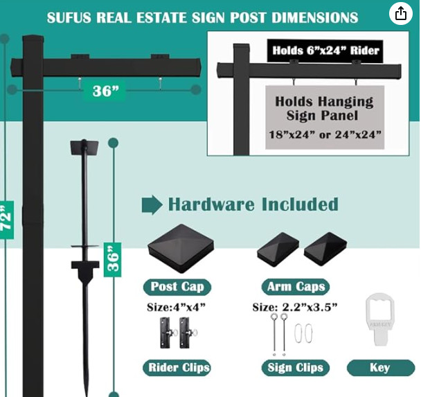 Black Real Estate Sign Post Vinyl PVC Flat Cap 6ft. (4&Prime;x 4&Prime;x 72&Prime;) Realtor Sign