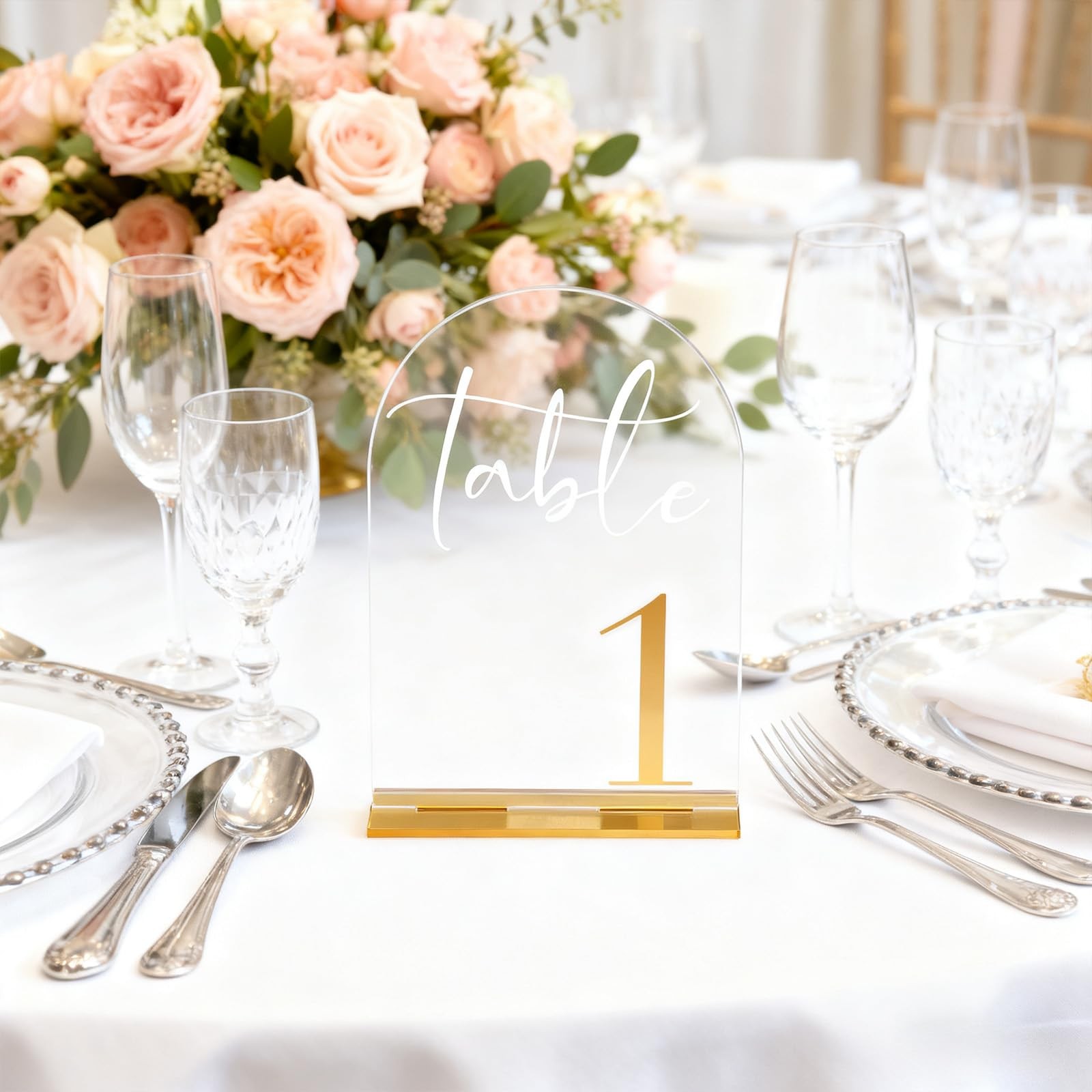 5×7 Inch Clear Arch Acrylic Wedding Table Numbers 120 Gold Font & Stands