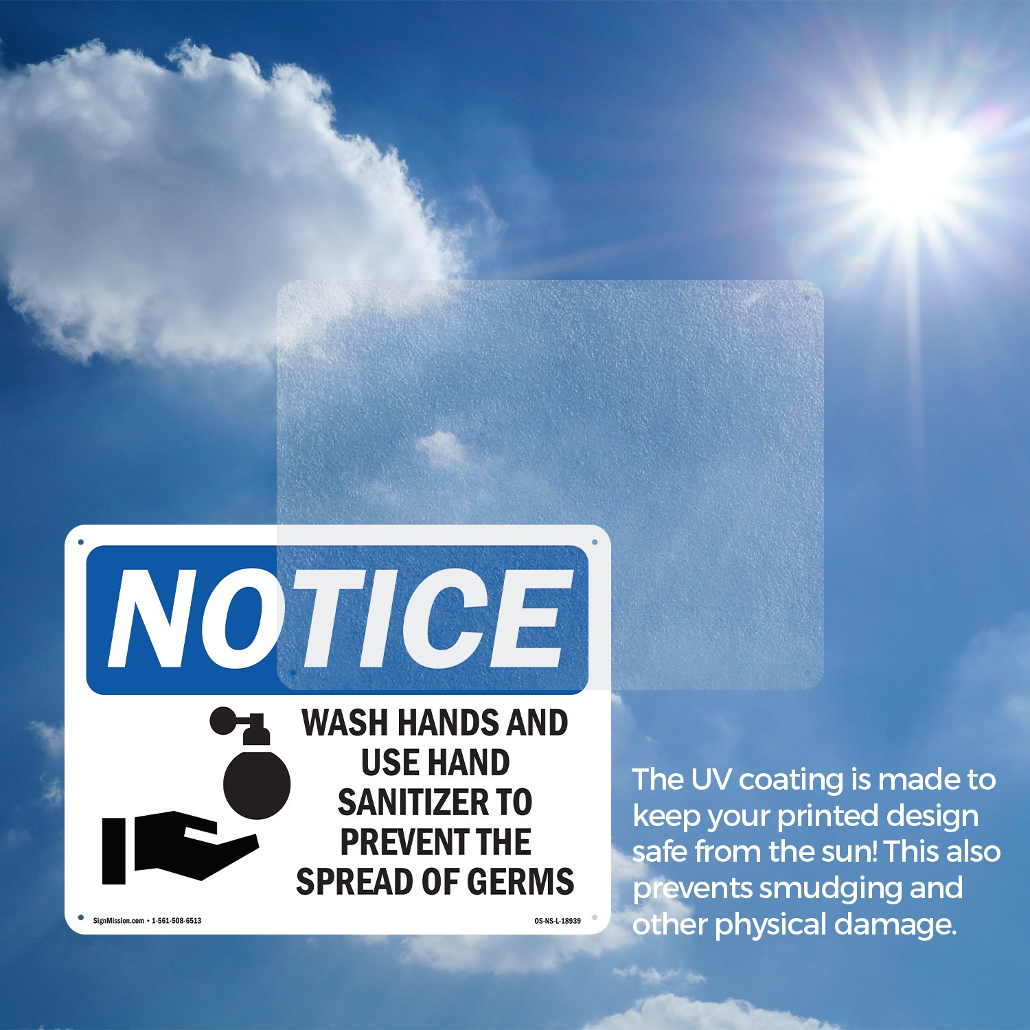 Wash Hands And Use Hand Sanitizer OSHA Notice Sign Metal, Decal – 5 or 10 Pack