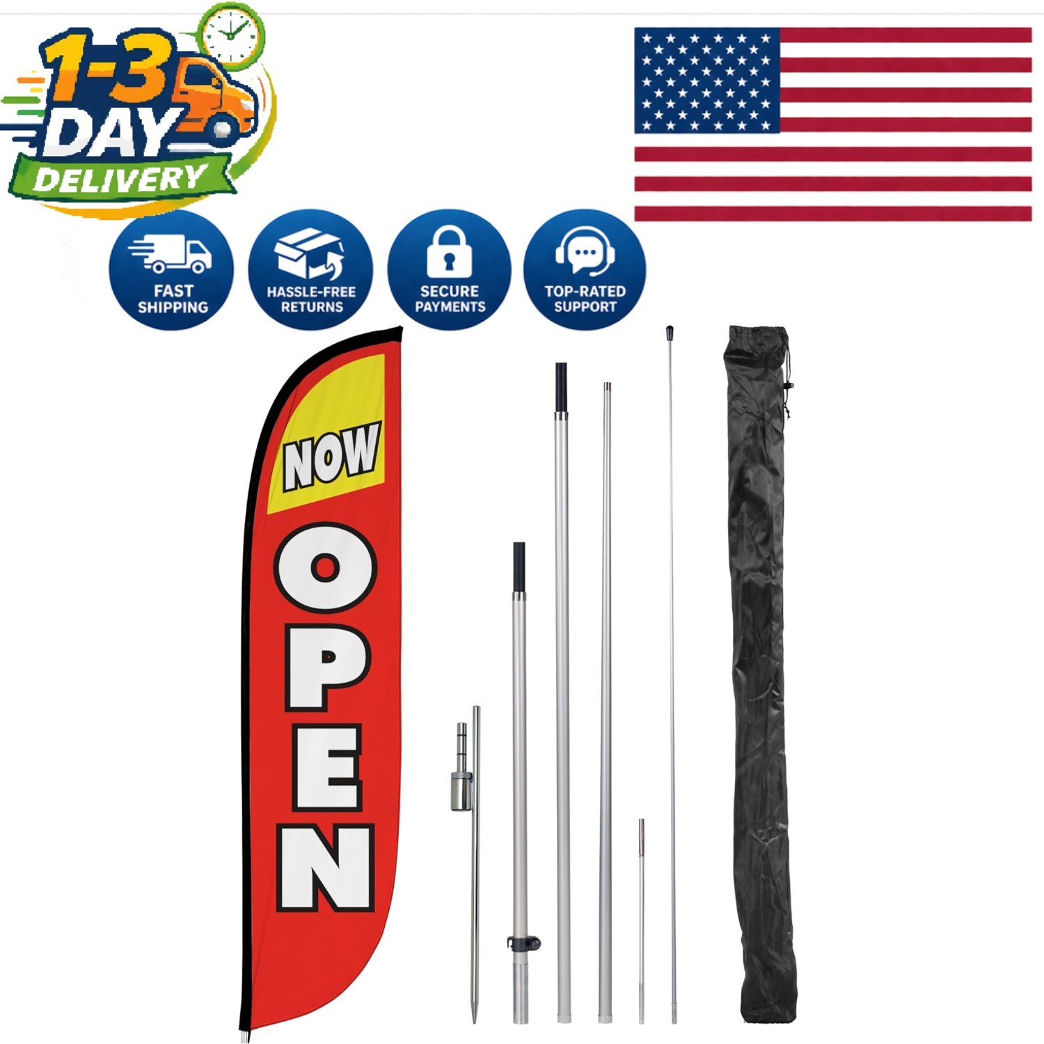 Grand Opening Feather Flag – 12FT Tall Now Open Banner with Easy Setup Kit