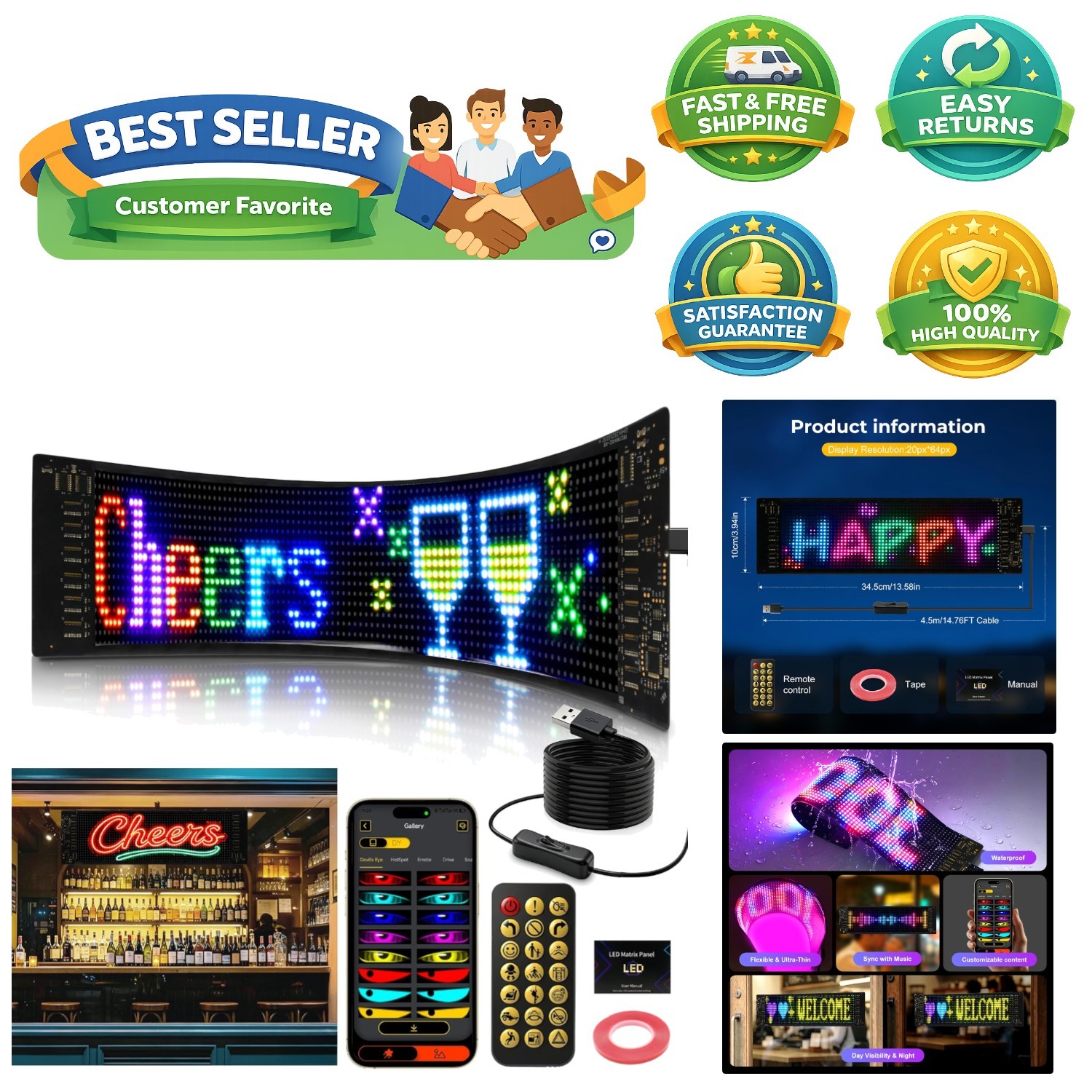 Ultra Bright 34.8×10.2CM Programmable LED Screen with App Control – RGB Display