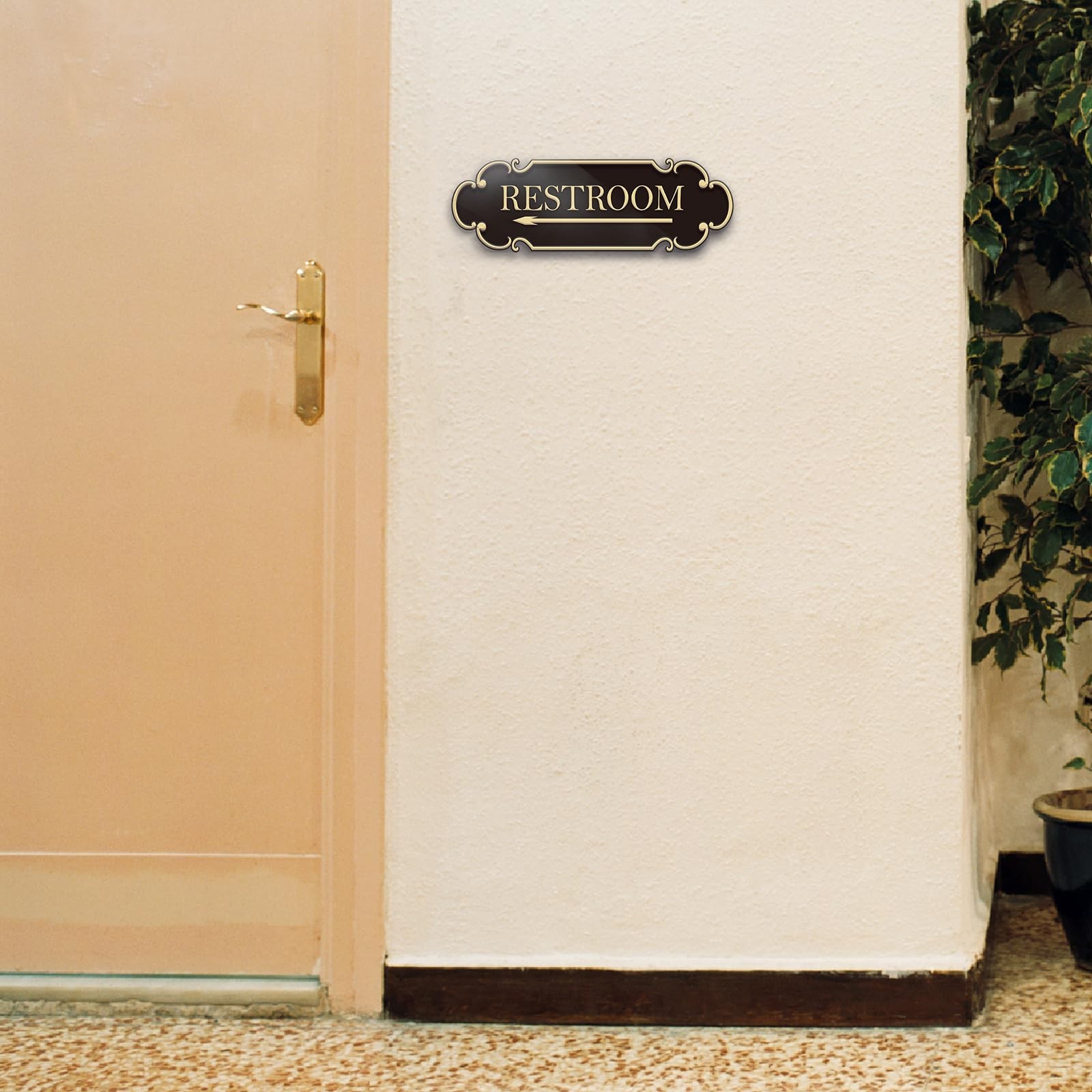Restroom Bathroom Sign Left Arrow 9×3 inch Spay Gold – Self-adhesive Signage for