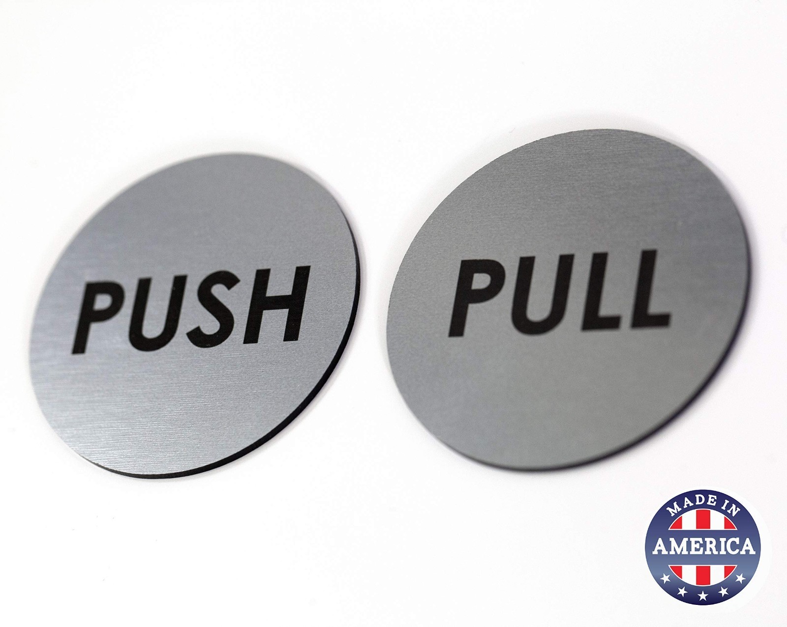Brushed Silver Push Pull Door Signs – Set of 2, 2&Prime; Round, Laser Engraved, Indoor
