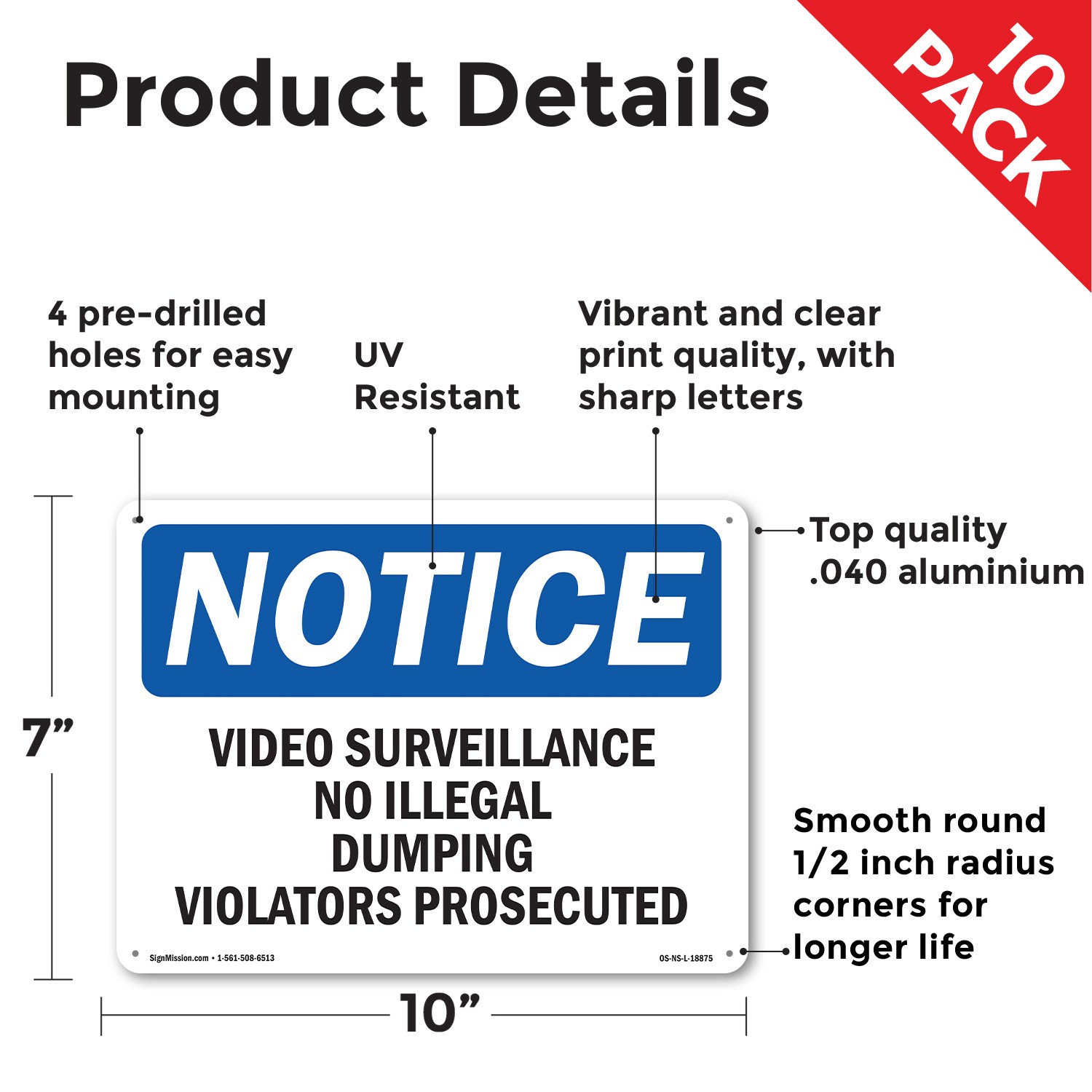 Video Surveillance No Illegal Dumping Violators OSHA Notice Sign – 5 or 10 Pack