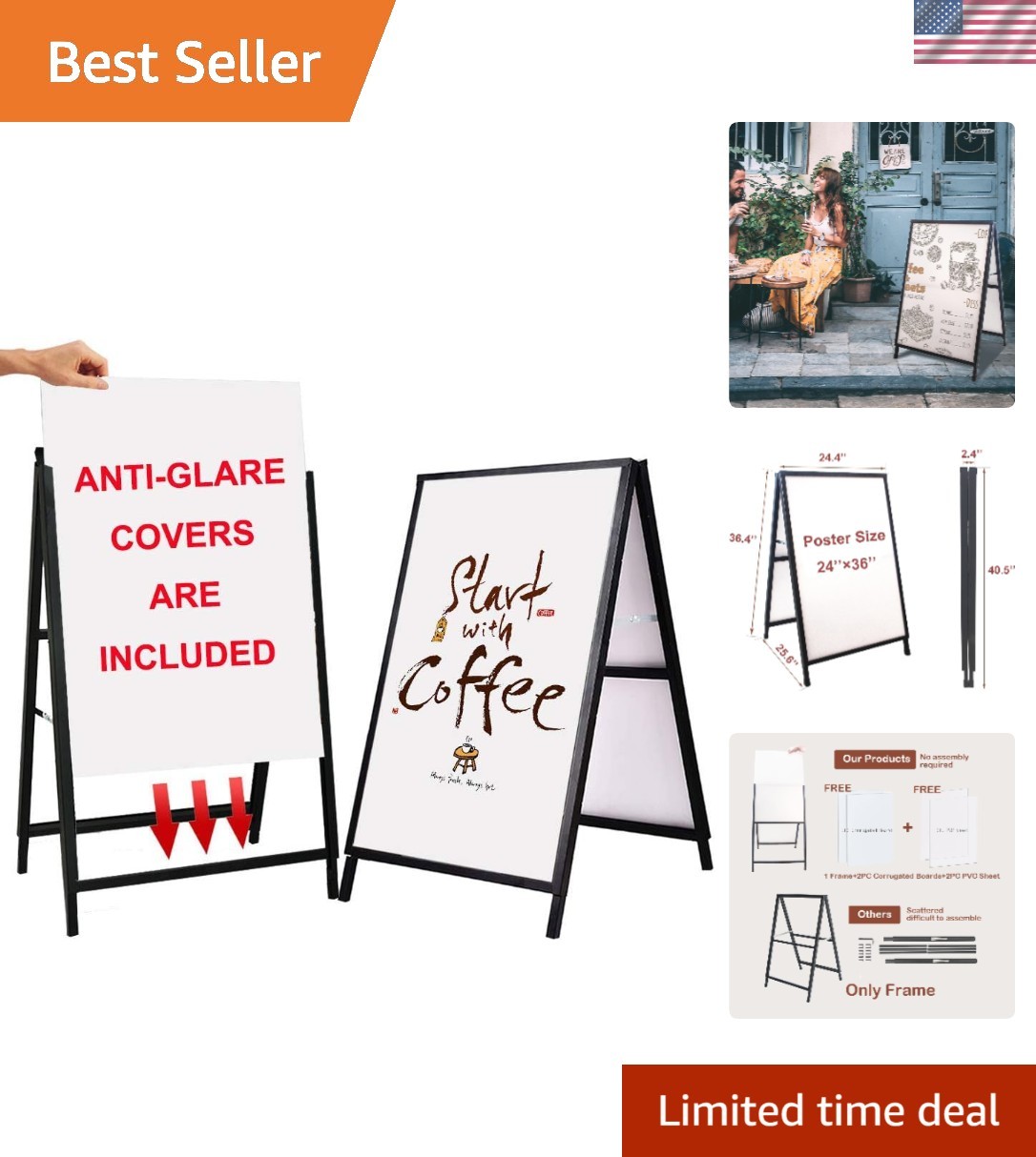 Outdoor Black Sandwich Board Sign 24×36&Prime; with Anti-Glare Protection & Iron Frame