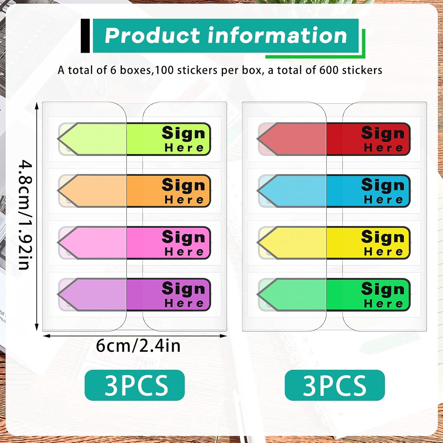 600 Pcs Sign Here Tab Flags Stickers 8 Colors Arrow Sticky Notes Dispenser