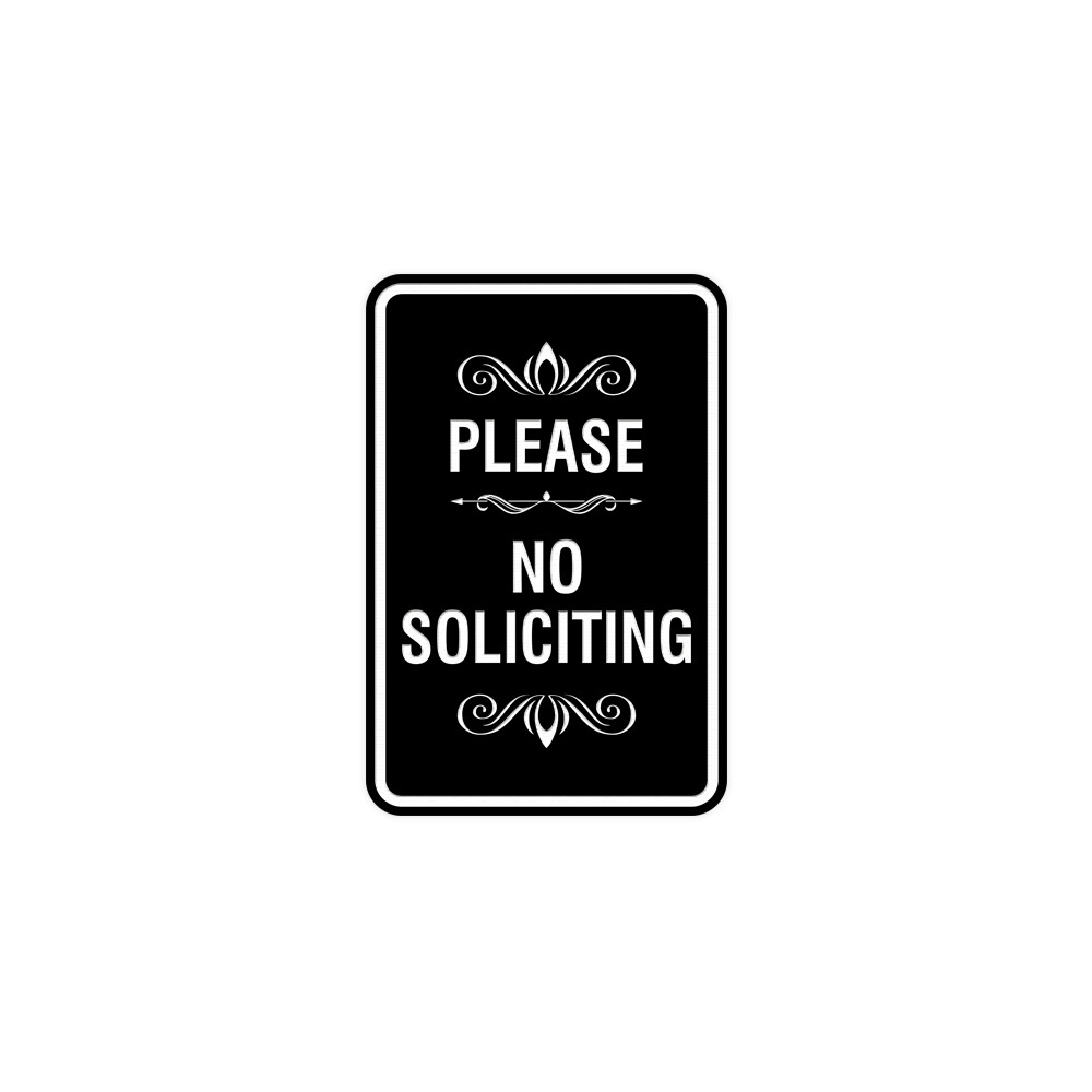Portrait Round please no soliciting Sign with Adhesive Tape (Black) – Small 4×6&Prime;