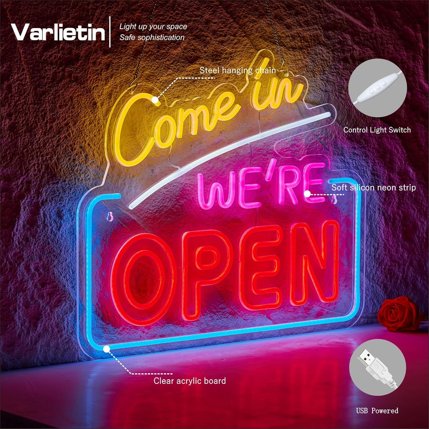 Bright Large Neon « Come In We&rsquo;re Open » Sign for Café, Shop, Bar, Restaurant