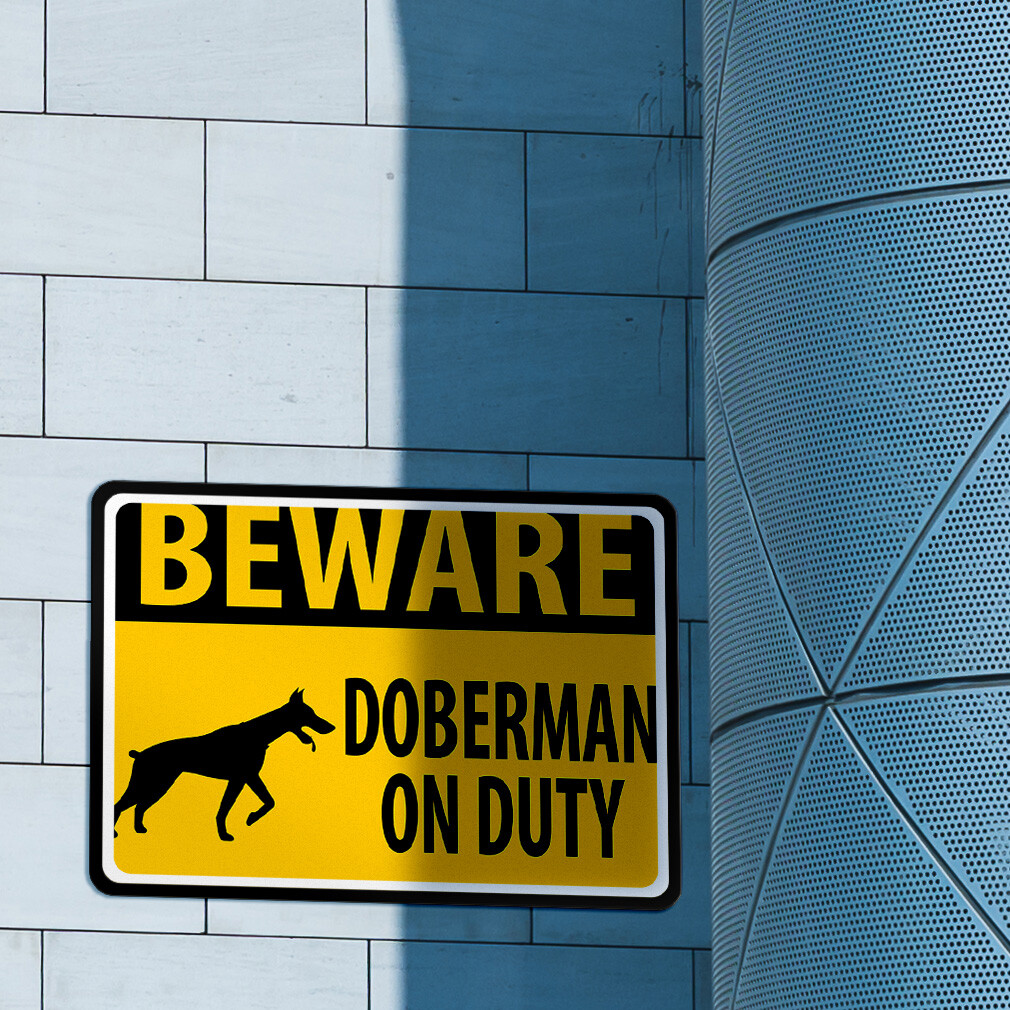 Horizontal Metal Sign Beware Doberman on Duty Weatherproof Street Signage