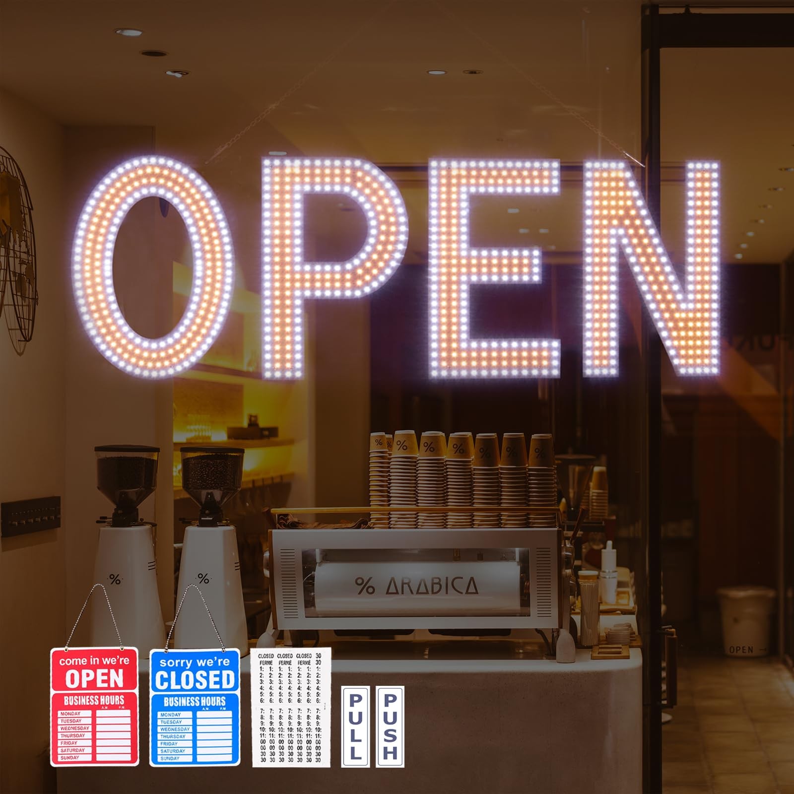 Dimmable LED Open Sign 40&Prime;x14&Prime; with Hanging for Cafe, Store, Bar, Salon, Hotel