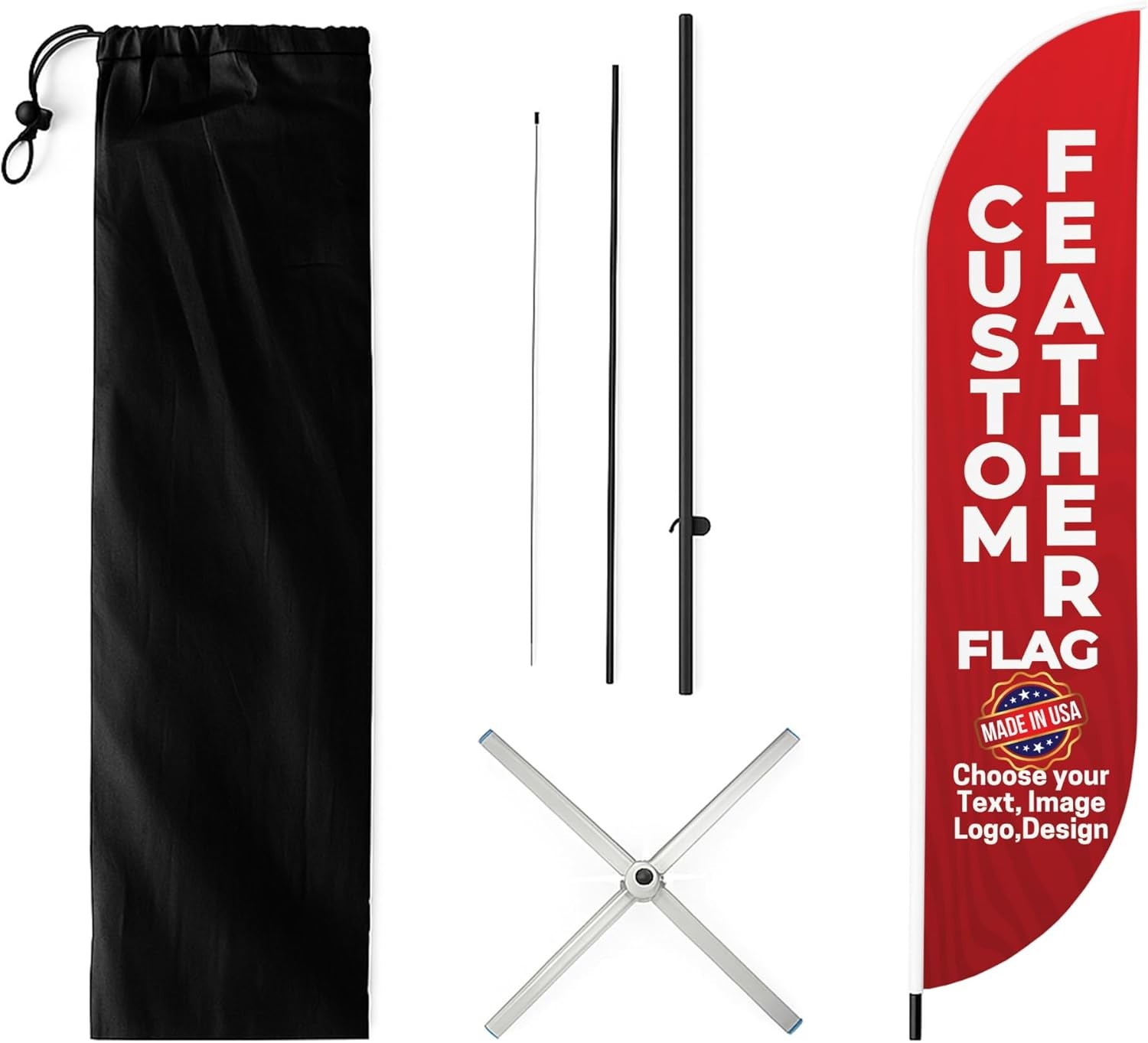 Custom Feather Flag Outdoor Swooper Flag w/Logo Text + Pole & Crossbase, 2x8ft