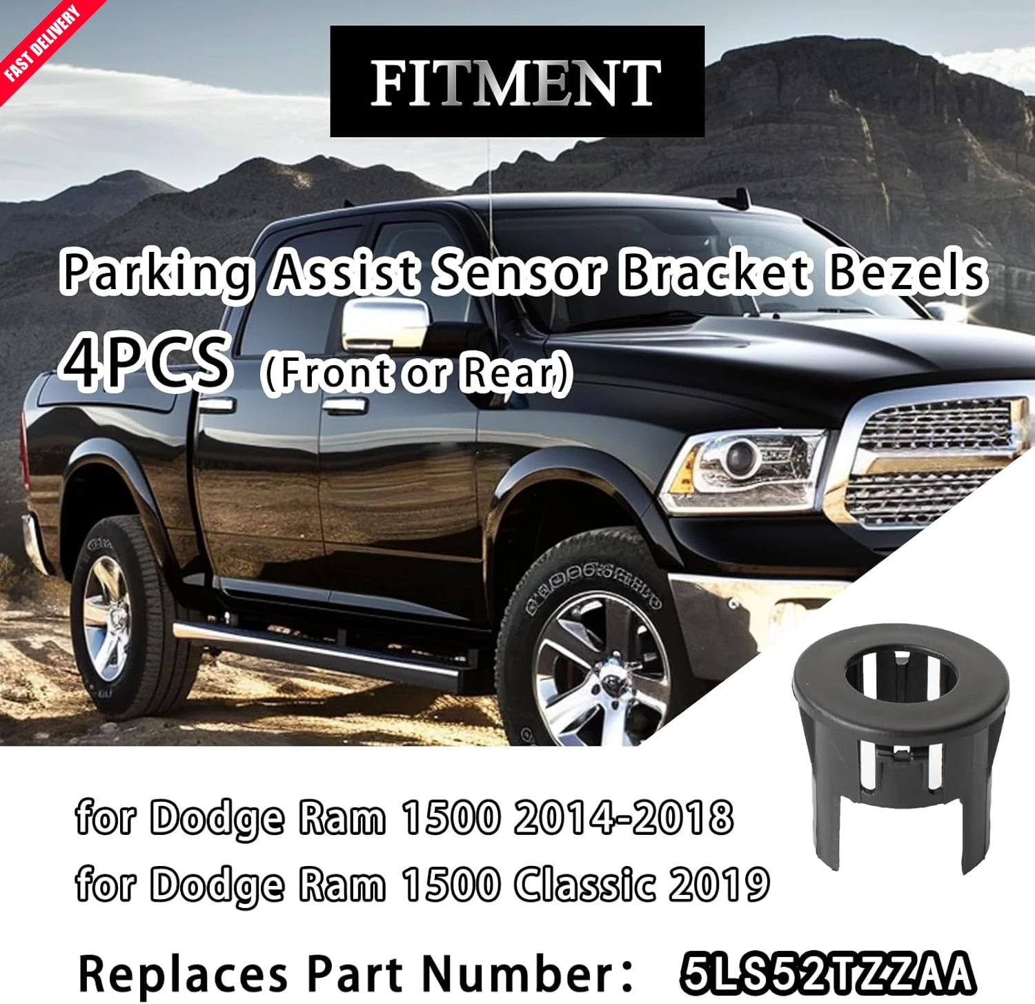 4X Parking Assist Sensor Mount Bracket Bezels Compatible with 2014-2018 Ram