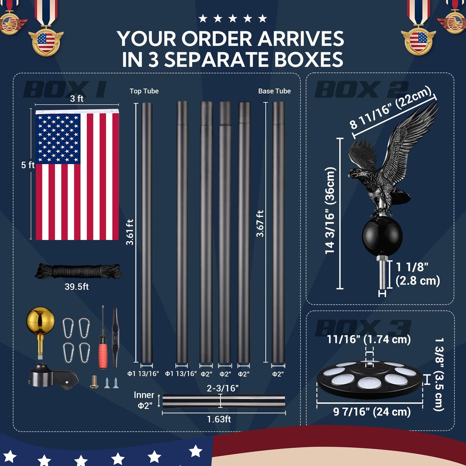Yescom 20&prime; Sectional Aluminum Flag Pole Kit w/ Solar Light US Flag Eagle Topper
