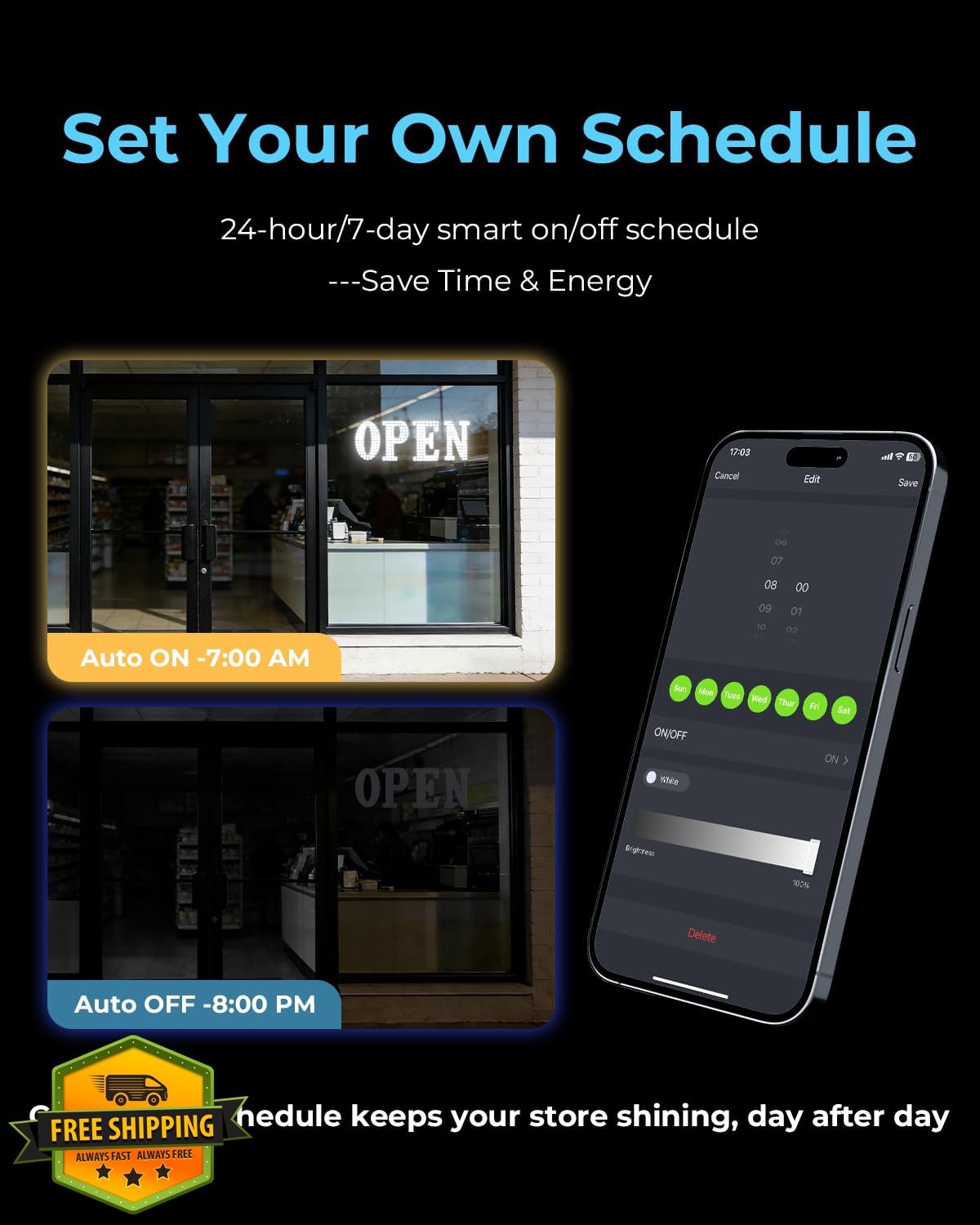 LED Open Sign for Business, 30&Prime;x10&Prime; Timer Remote Control White