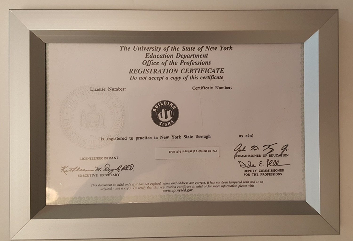 NYS REGISTRATION CERTIFICATE frame 8.5×5.5 ( Heavy Duty – Aluminum)-REF24-1027