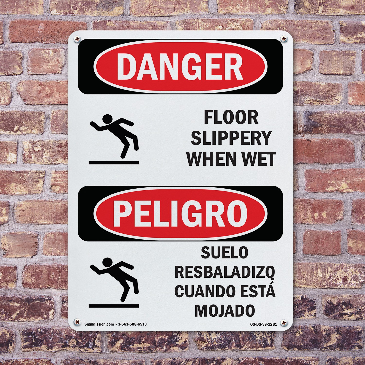 Floor Slippery When Wet Bilingual OSHA Danger Sign Metal, Decal – 5 or 10 Pack