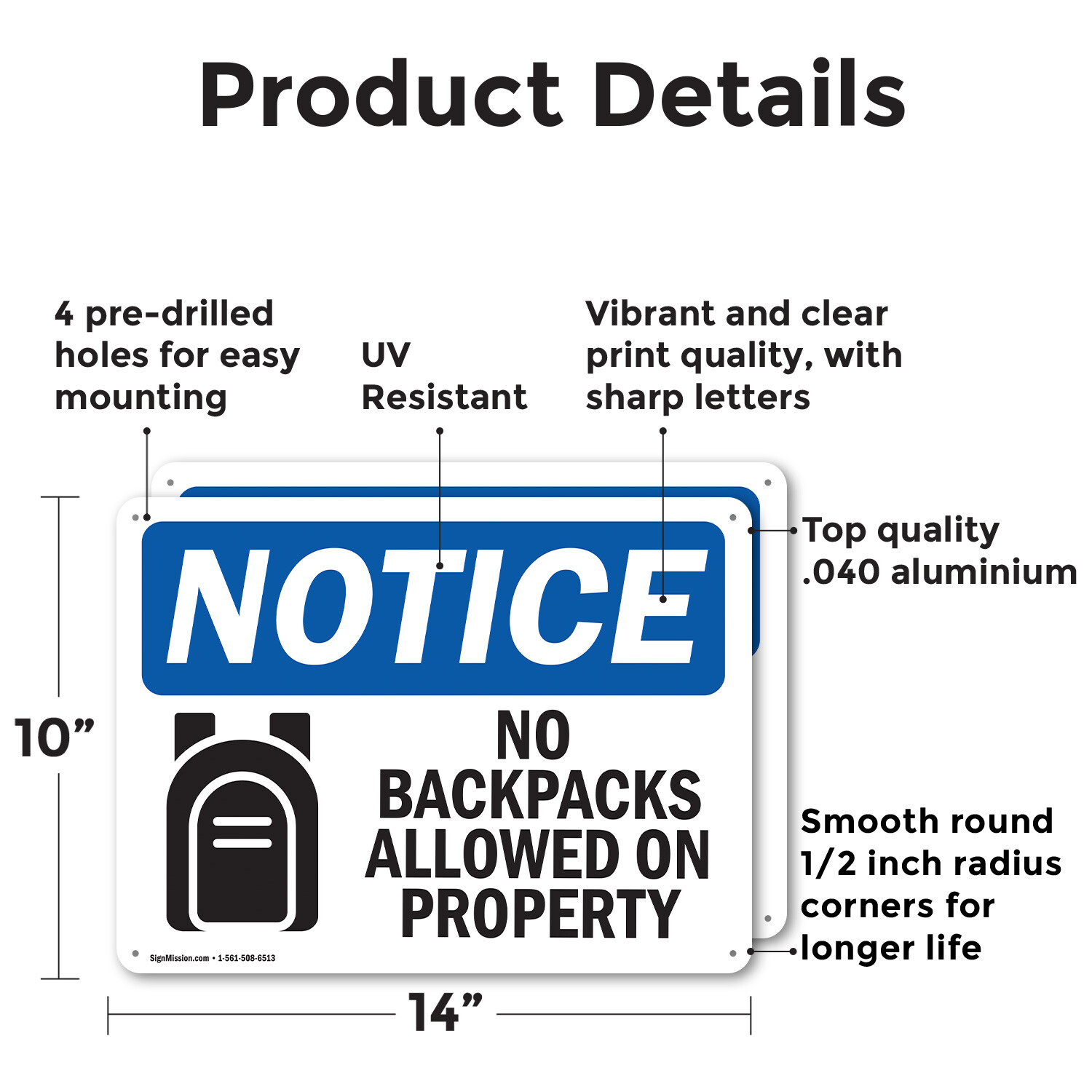 (2 Pack) No Backpacks Allowed On Property OSHA Notice Sign Decal Metal Plastic