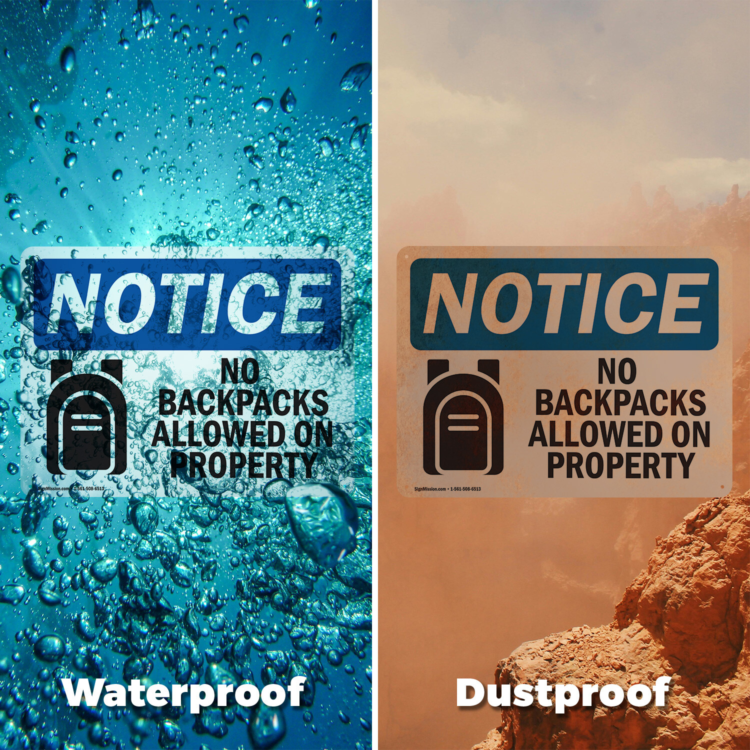 (2 Pack) No Backpacks Allowed On Property OSHA Notice Sign Decal Metal Plastic