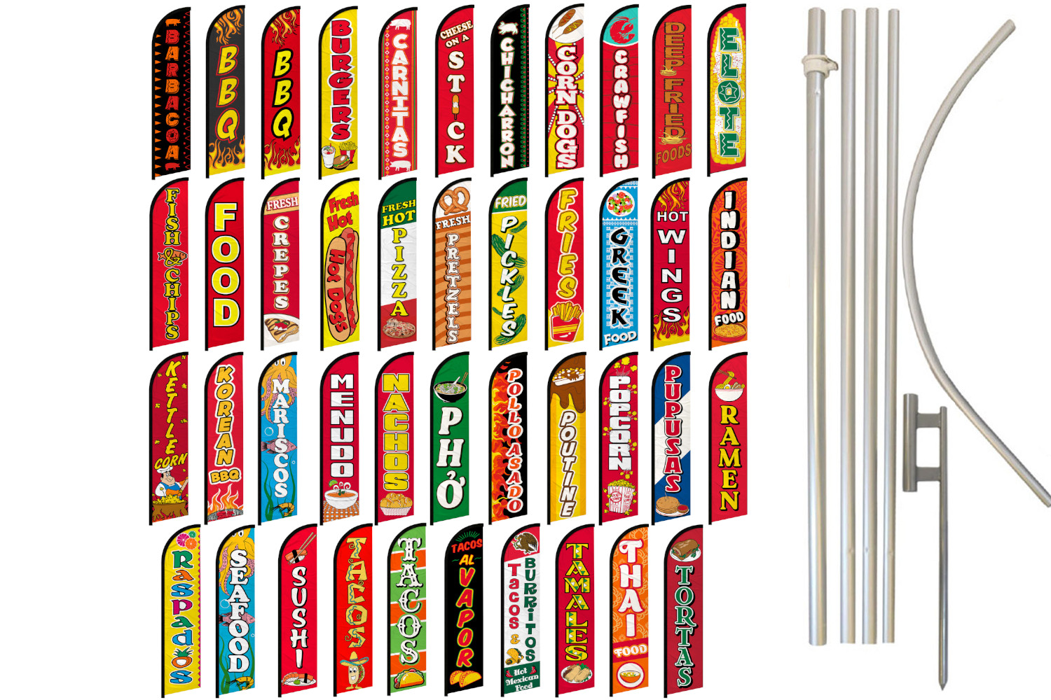 Food Full Curve Windless Swooper Flag & Pole Kit Hot Dogs BBQ Concessions
