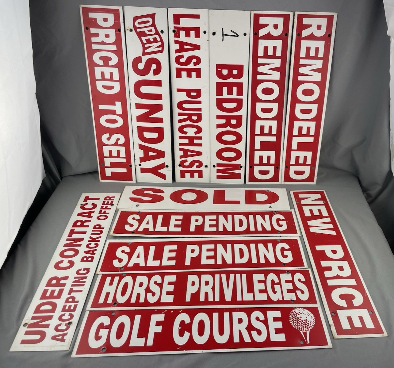 Lot of 13 Metal Real Estate Hanging Signs 4&Prime; x 18&Prime; Golf Course Horse Privileges